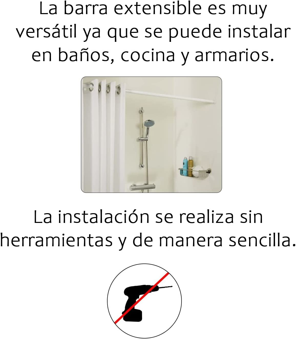 Barra Extensible Ajustable de Aluminio para baño, ropero, Armario y Cocina.  Fácil Montaje, sin taladros ni Tornillos. Barra de tensión telescópica