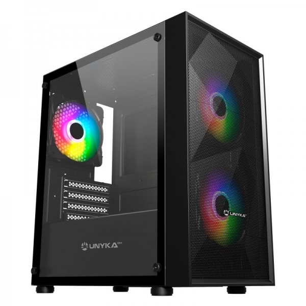 Unykach mir b200 caja gaming micro atx, mini itx - lateral de vidrio templado - 3.5”, 2.5” - usb-a 2.0, 3.0 y audio - 3 ventiladores 120mm argb instalados - soporta refrigeracion liquida