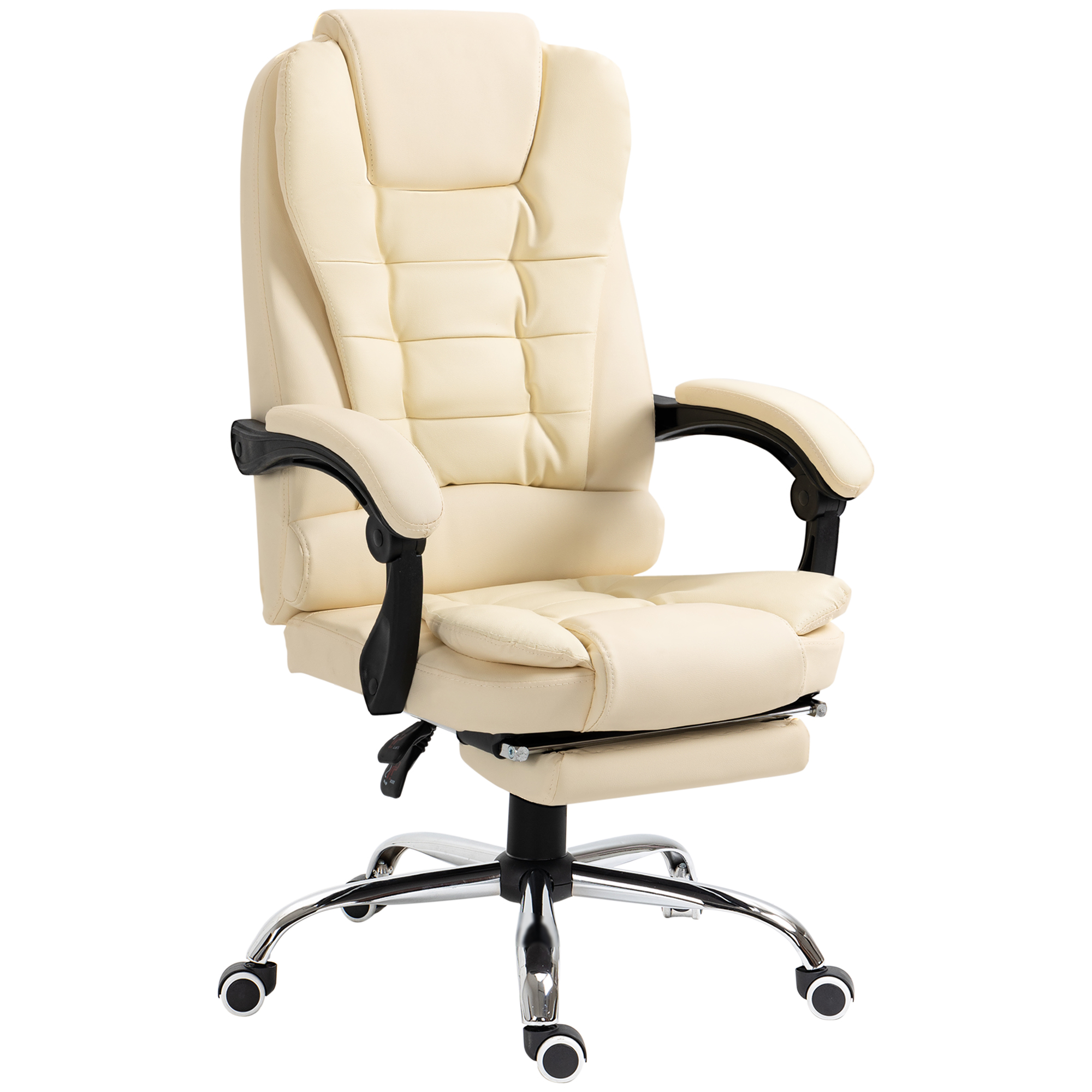 HOMCOM Silla de Oficina Reclinable Silla de Escritorio con Reposapiés Silla Ejecutiva Giratoria con Altura Ajustable Tapizada en PU y Reposabrazos para Estudio Crema