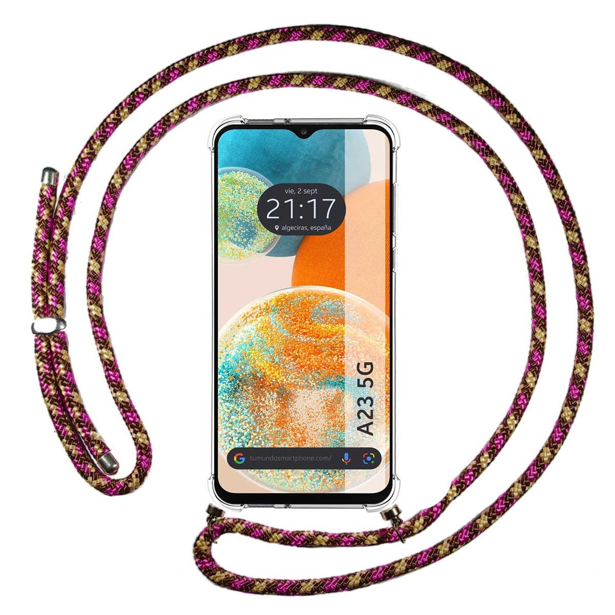 Tumundosmartphone Funda Colgante Transparente con Cordon Rosa / Dorado para Samsung Galaxy A23 5G