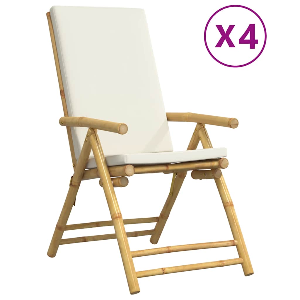 vidaXL Sillas jardín plegables reclinables y cojines 4 uds bambú crema