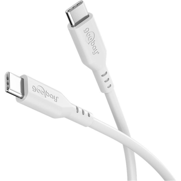 goobay Cable USB-C a USB-C de silicona 1.5 m, blanco – carga rápida 60 W PD, transferencia de datos 480 Mbit/s, flexible, anti-enredos, con brida de sujeción, para smartphones, portátiles, consolas