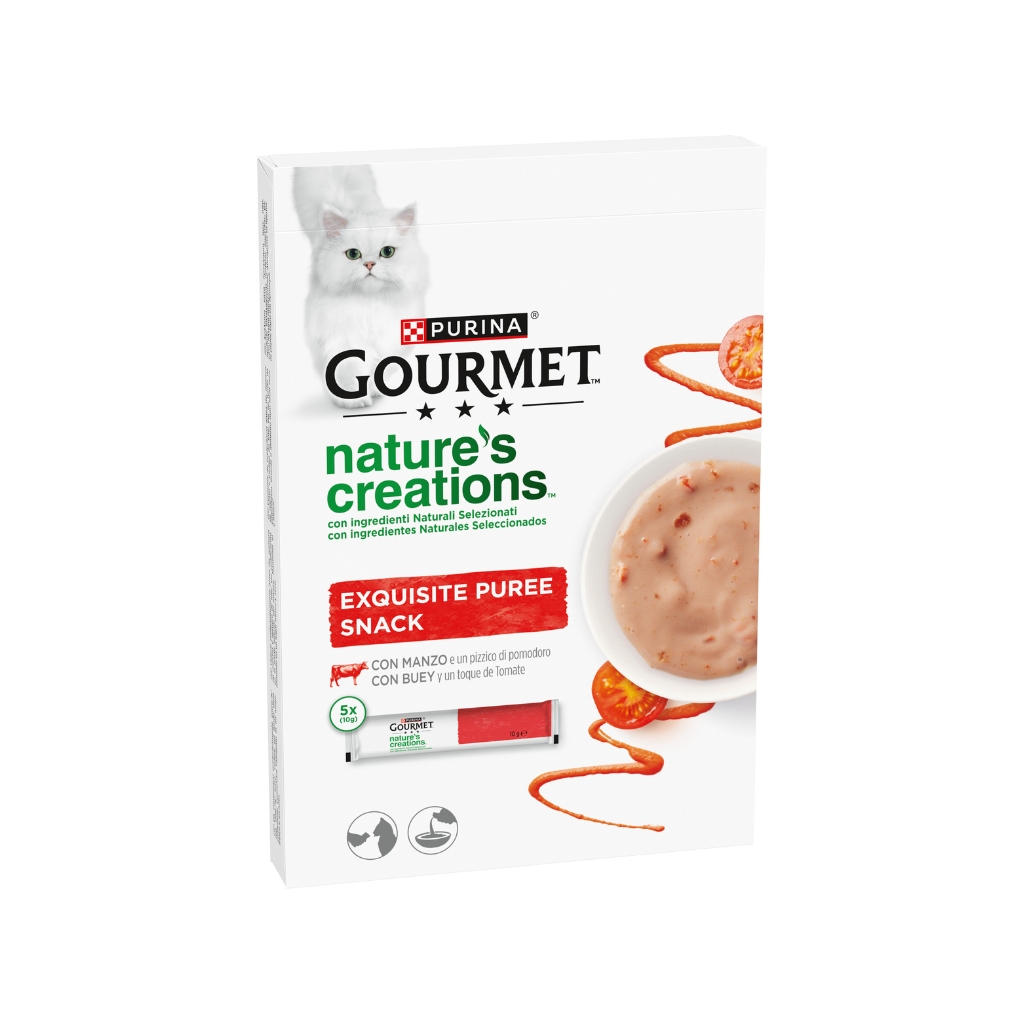 GOURMET Nature’s Creations Puré (5x10 gr) - Snack Líquido Natural para Gatos (Salmón y Zanahoria, Buey y Tomate ó Pollo y Calabaza)