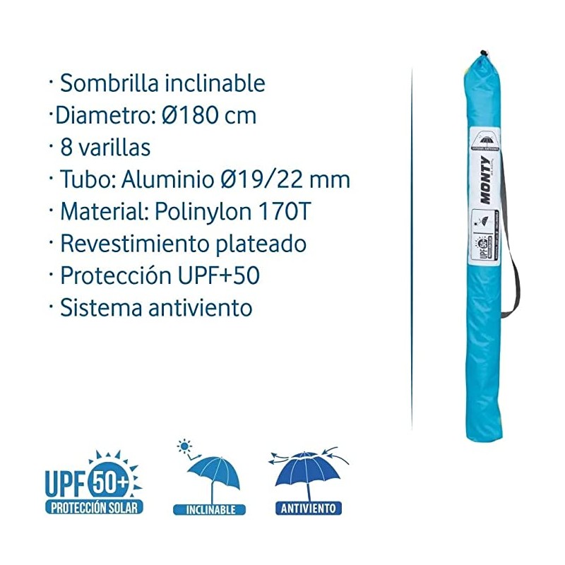 TIENDA EURASIA® Sombrilla Playa Grande, Ø180cm, Inclinable, Protección  UV50, Tubo de Aluminio Ø19/22mm