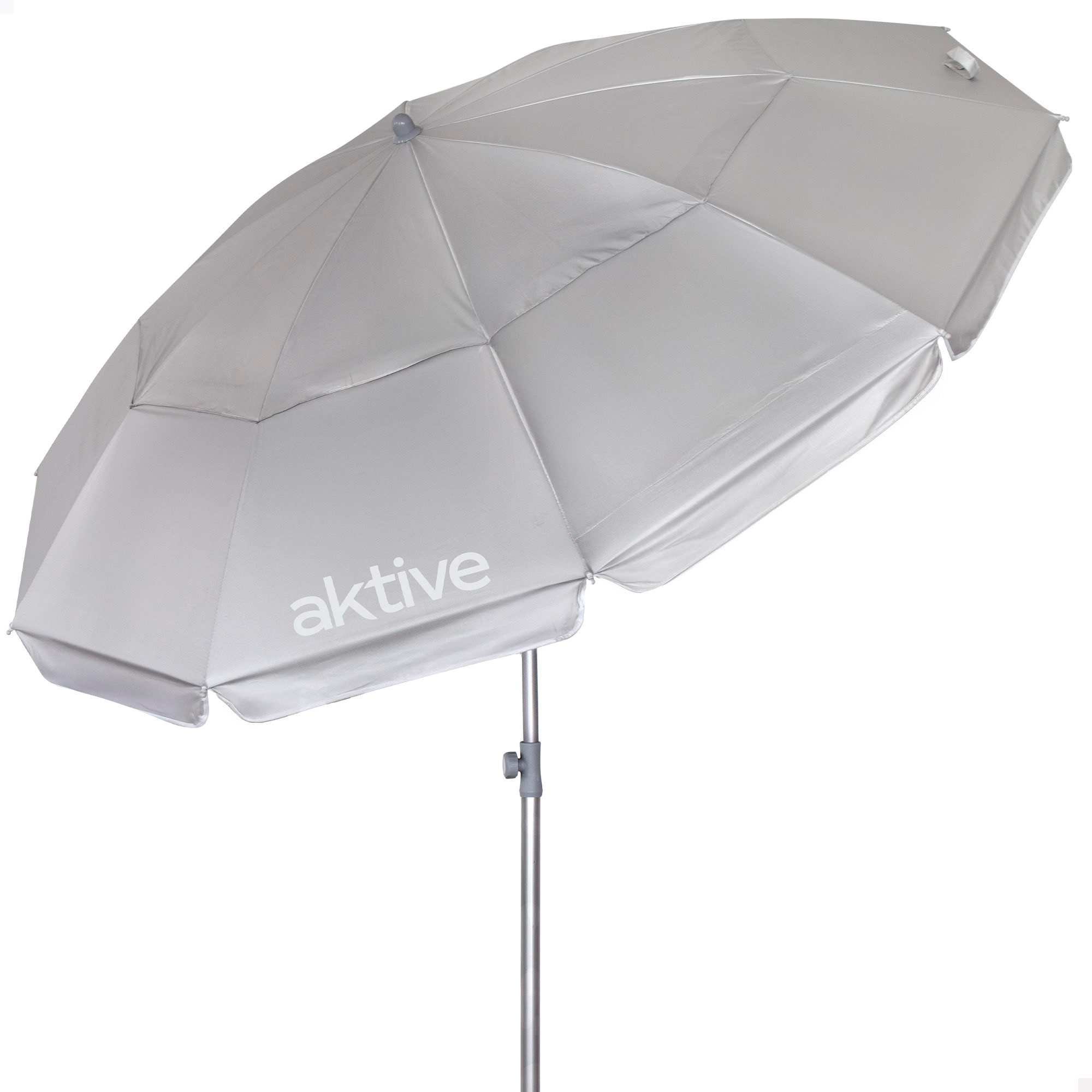 Aktive - Sombrilla de playa, gris plateado, D220 cm, mástil acero 28/32 mm, tejido nylon, protección UV50, 10 varillas, incluye funda de transporte, sombrillas de playa plegables