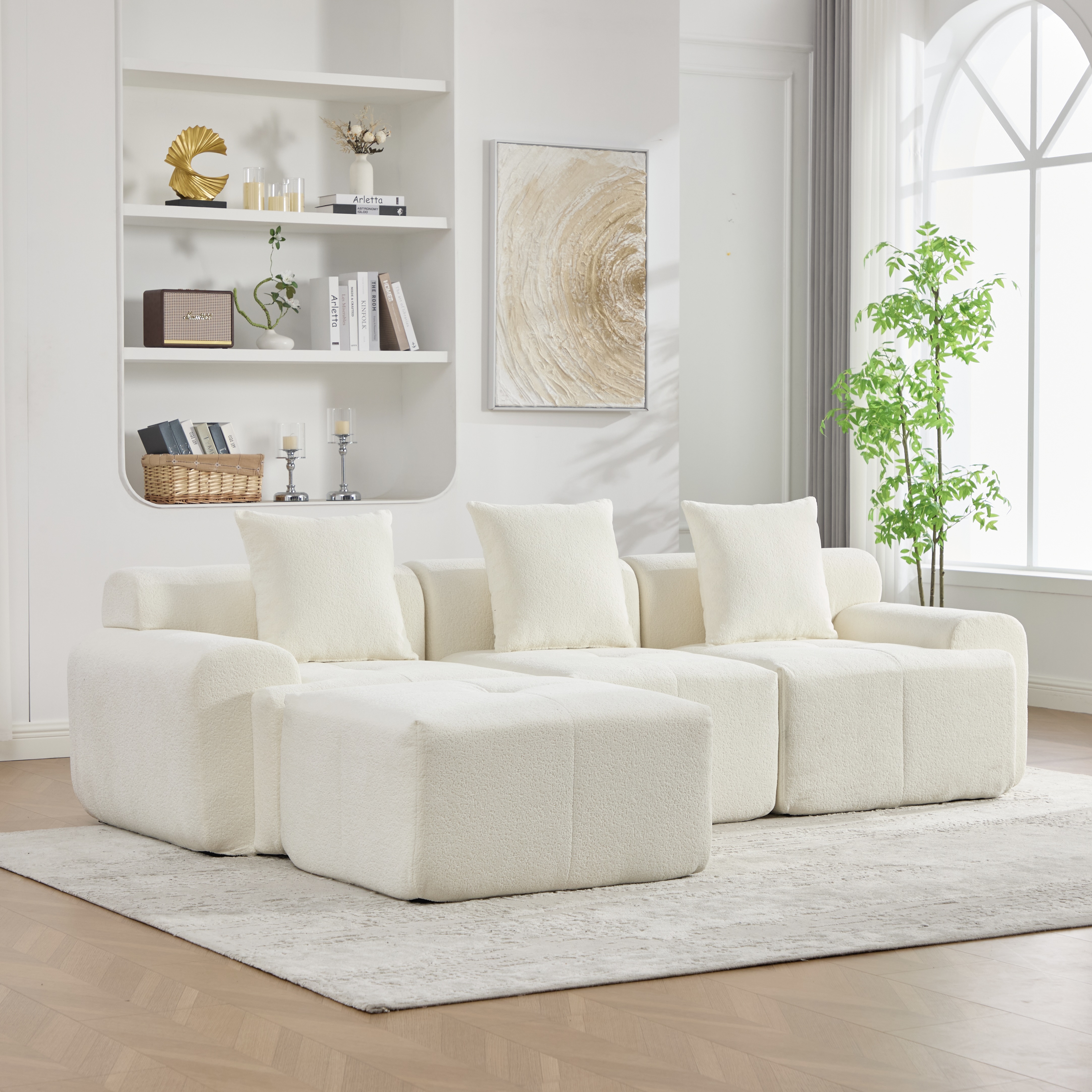 Canapé nuage modulable 3 places ivoire en forme de L avec pouf