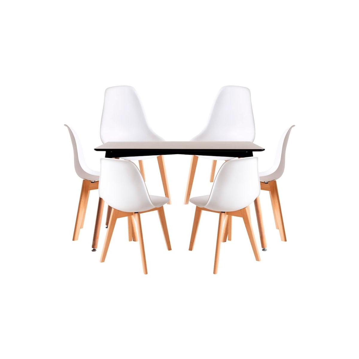 Regalos Miguel - Conjuntos de mesa y sillas - Conjunto Mesa Tower Rectangular 120 x 80 cm Negra y Pack 6 Sillas Kelen - Blanco