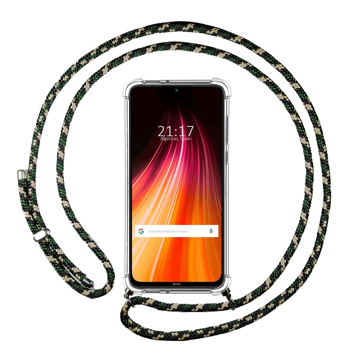 Tumundosmartphone Funda Colgante Transparente para Xiaomi Redmi Note 8T con Cordon Verde / Dorado