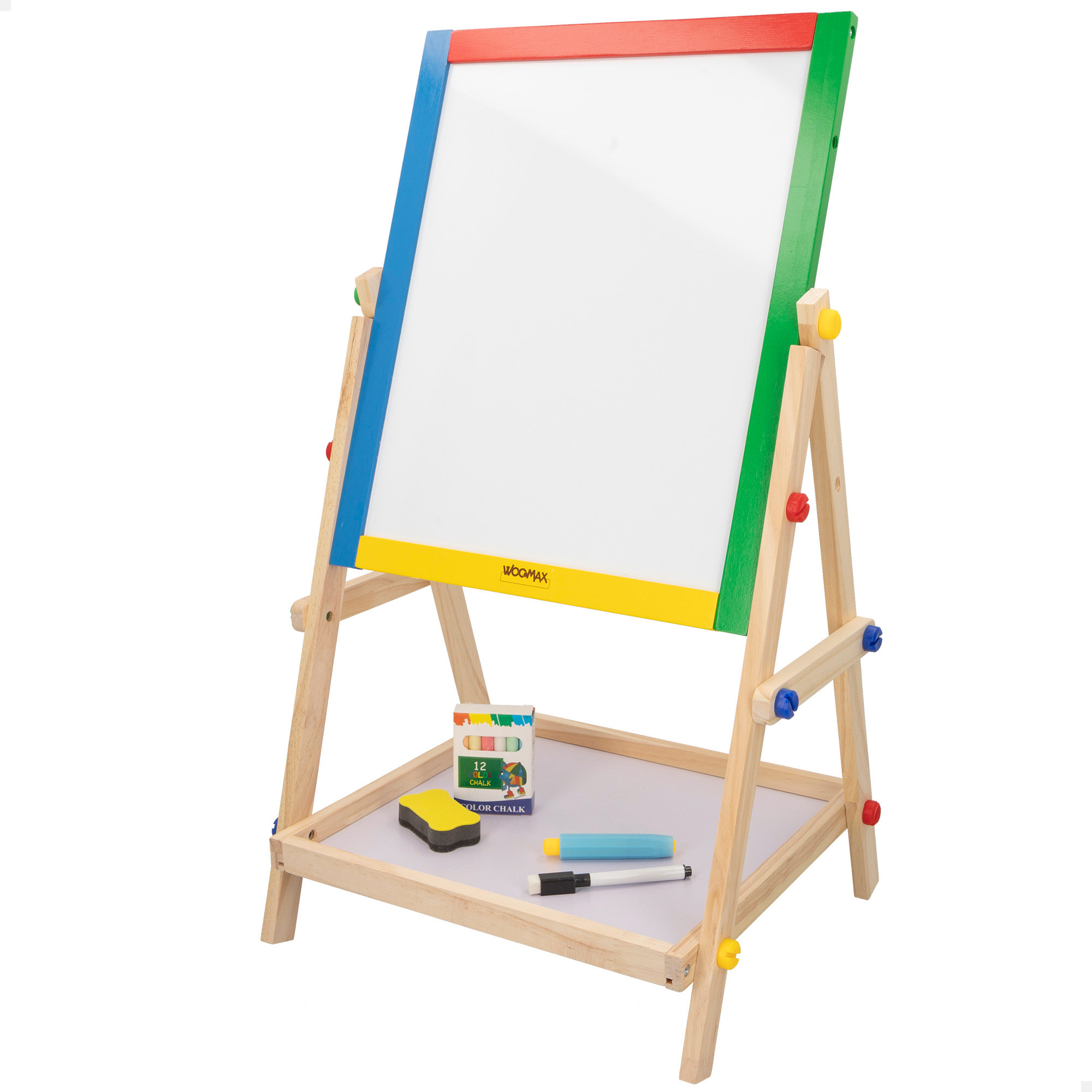 WOOMAX - Caballete infantil con pizarra de madera_ doble cara para escribir y dibujar_ mide 40x36_5x68 cm_ incluye tizas_ borrador y rotulador negro_ pizarra educativa de pie para pequeños artistas_ recomendada a partir de 3 años_ con certificación FSC