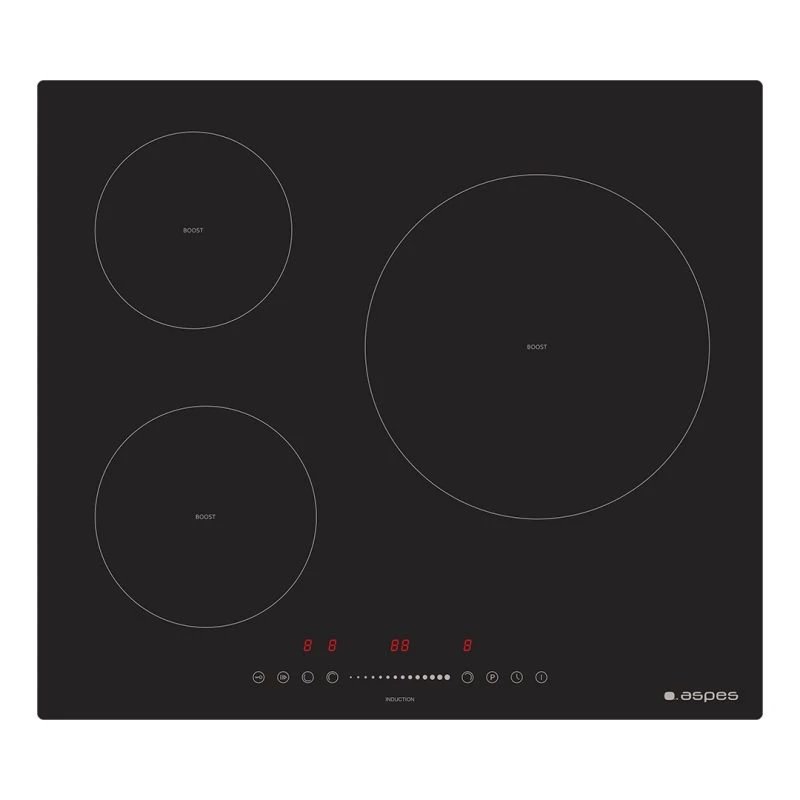 Placa de Inducción 60cm ASPES AI3603S | 3 Zonas, Fuego 28cm, 6680W, Cristal negro, Keep warm, Slider, Stop&Go
