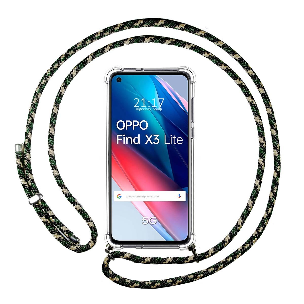 Tumundosmartphone Funda Colgante Transparente para Oppo Find X3 Lite 5G con Cordon Verde / Dorado