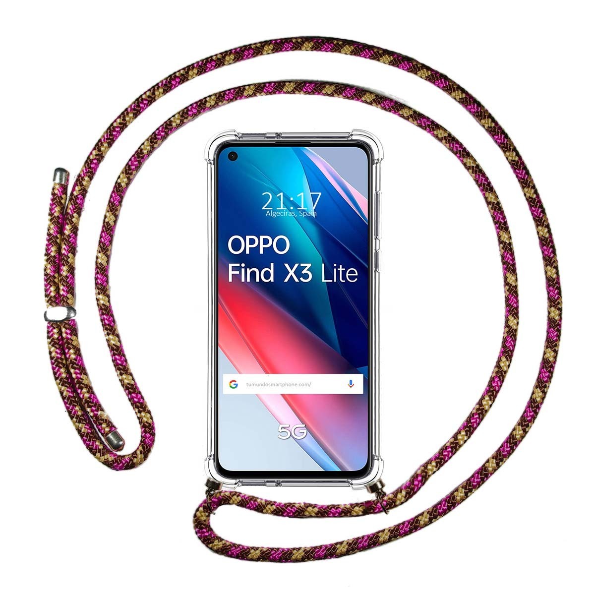 Tumundosmartphone Funda Colgante Transparente para Oppo Find X3 Lite 5G con Cordon Rosa / Dorado