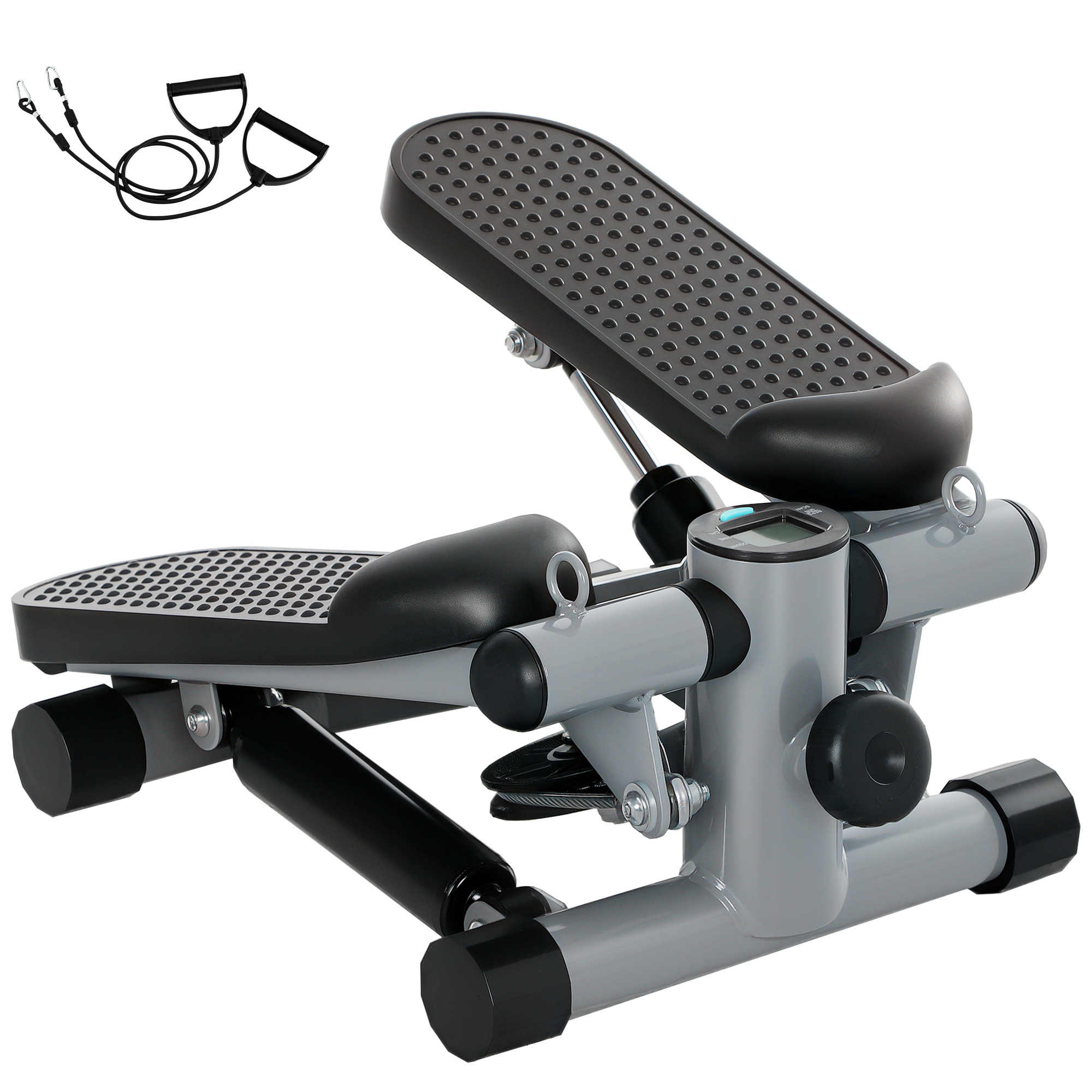 SPORTNOW Mini Stepper para Hacer Ejercicio en Casa Máquina de Escalada Compacta con Bandas de Resistencia Monitor LCD Pedales Antideslizantes Ajustables en Altura para Entrenamiento de Cuerpo Gris