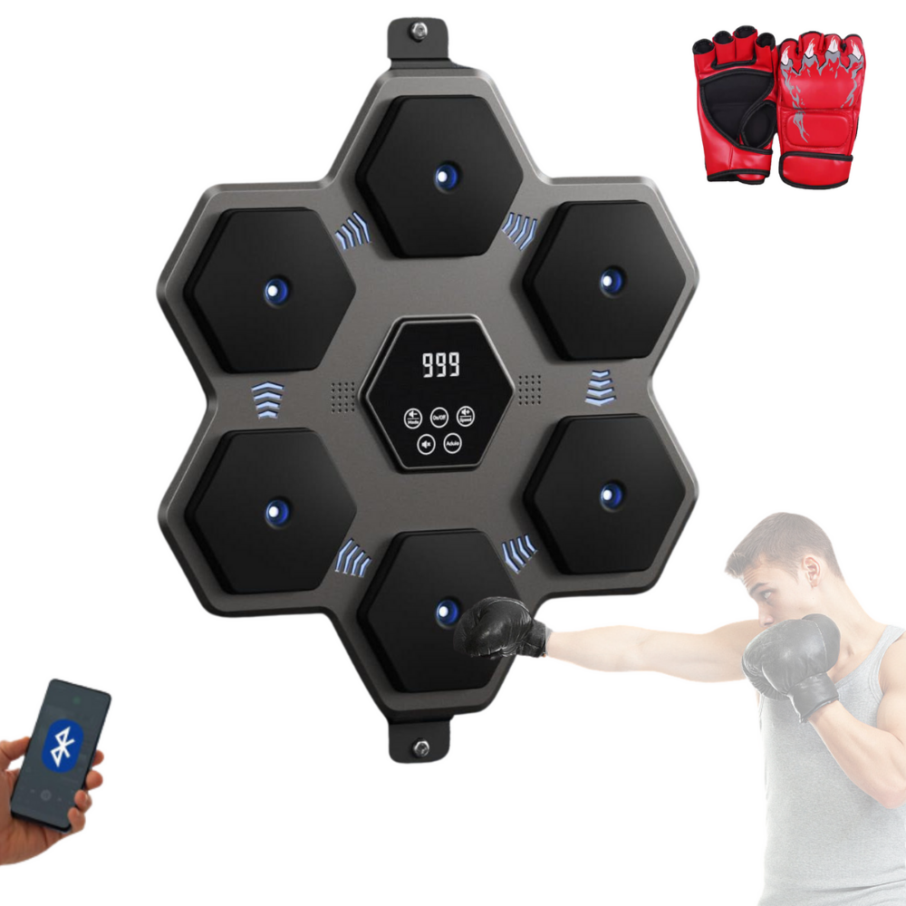 MAGIC SELECT Máquina de Boxeo Musical, Equipo De Entrenamiento De Boxeo para Pared de Poliuretano, Almohadilla De Boxeo con LED con Guantes de Boxeo, Bluetooth, Luces al Ritmo de la Música. (2 modos, 45x45x5 cm)