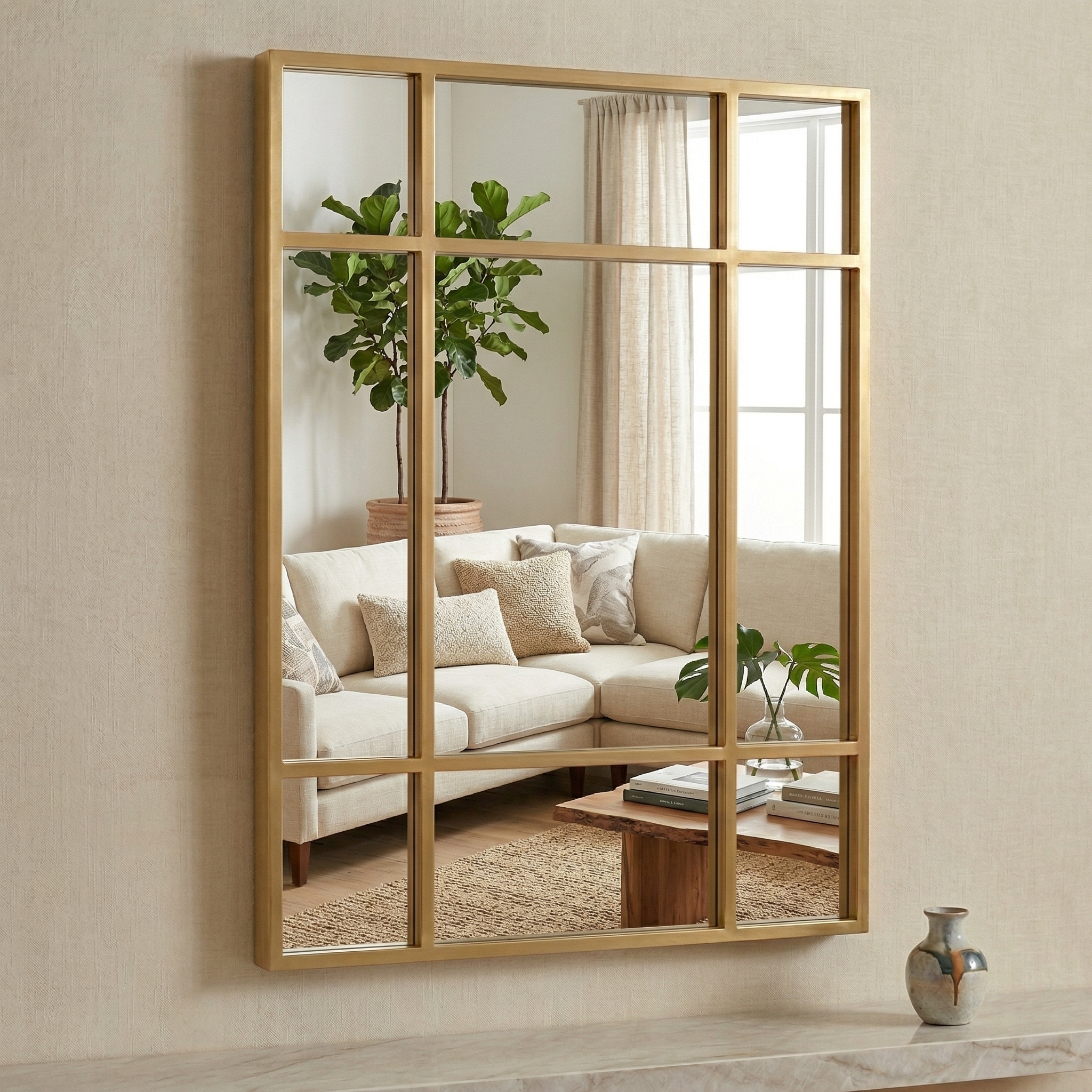 Espejo de Pared Estilo Ventana Industrial 90x60 cm | Marco de Meta | Diseño Cuarterones Moderno para Baño, Salón o Recibidor | Instalación Vertical y Horizontal