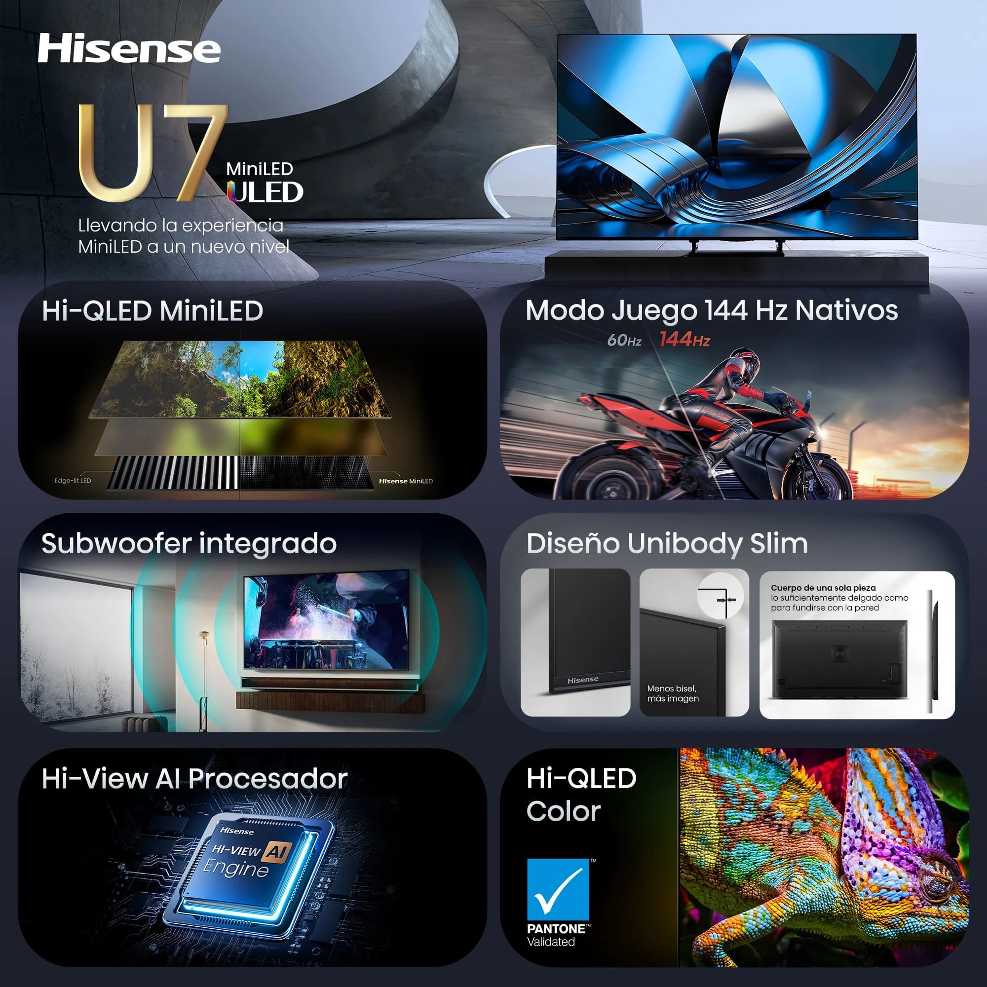 Hisense - Televisión 75U7SE de 75 pulgadas Mini-LED 4K Ultra HD con HDR y plataforma VIDAA para salón