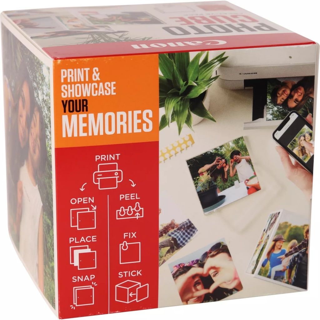 Canon - Papel fotográfico PP-201 5x5 cm brillante para impresión de alta calidad, 40 hojas, incluye marco acrílico XLboom y Photo Cube White-Creative Pack