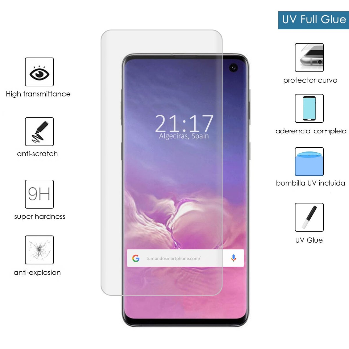 Tumundosmartphone Protector Cristal Templado Completo Curvo UV Full Glue para Samsung Galaxy S10