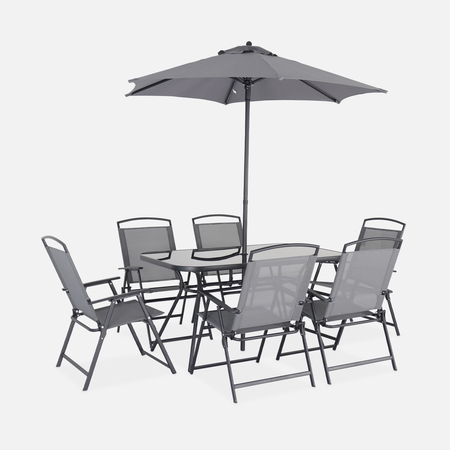 sweeek - Conjunto mesa de jardín de acero con 6 sillas y 1 sombrilla , Sonia , 140x80x71