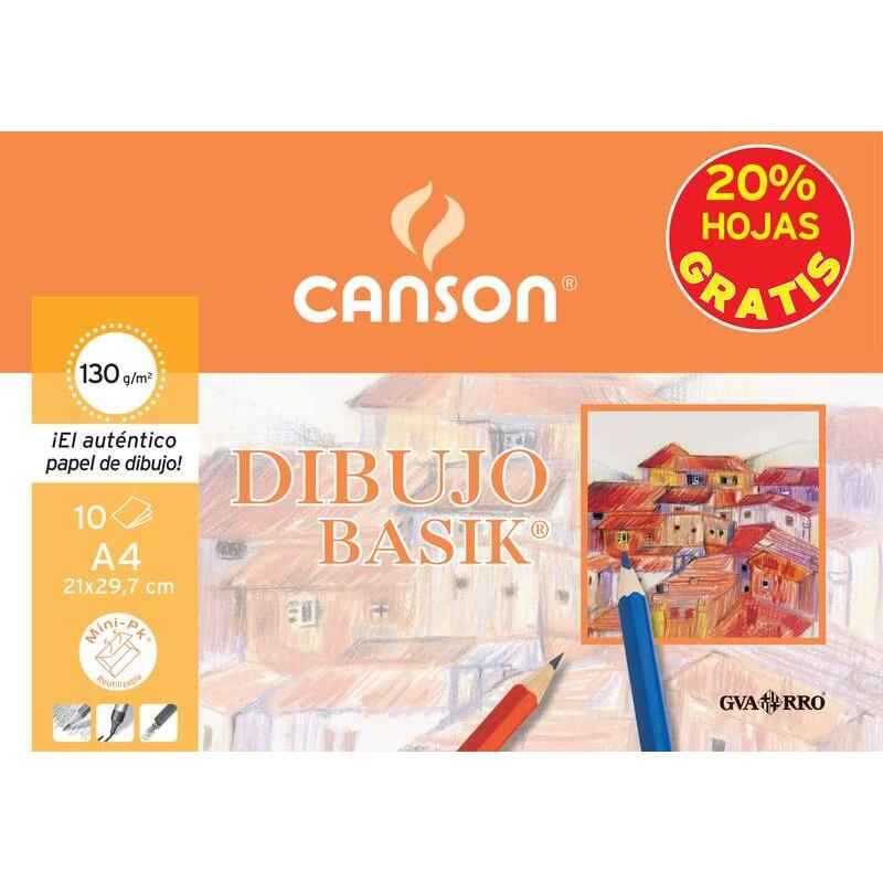 Canson minipack promo 10 hojas de dibujo basik liso - 21x29.7 - 130g - 20% hojas gratis - color blanco