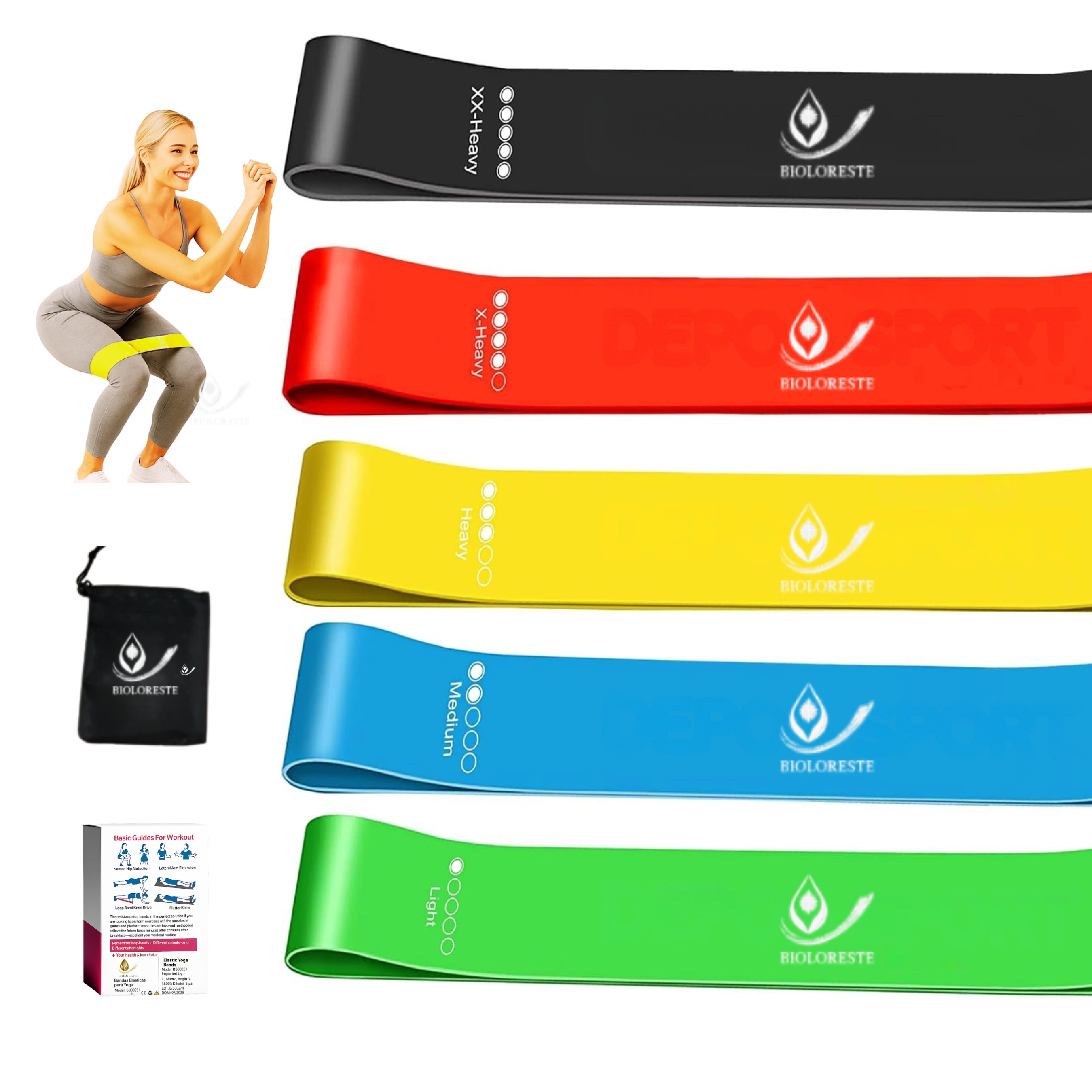Bioloreste Bandas Elásticas Resistencia Set 5 Niveles Musculación Piernas Glúteos Brazos Fitness Yoga Entrenamiento Pilates