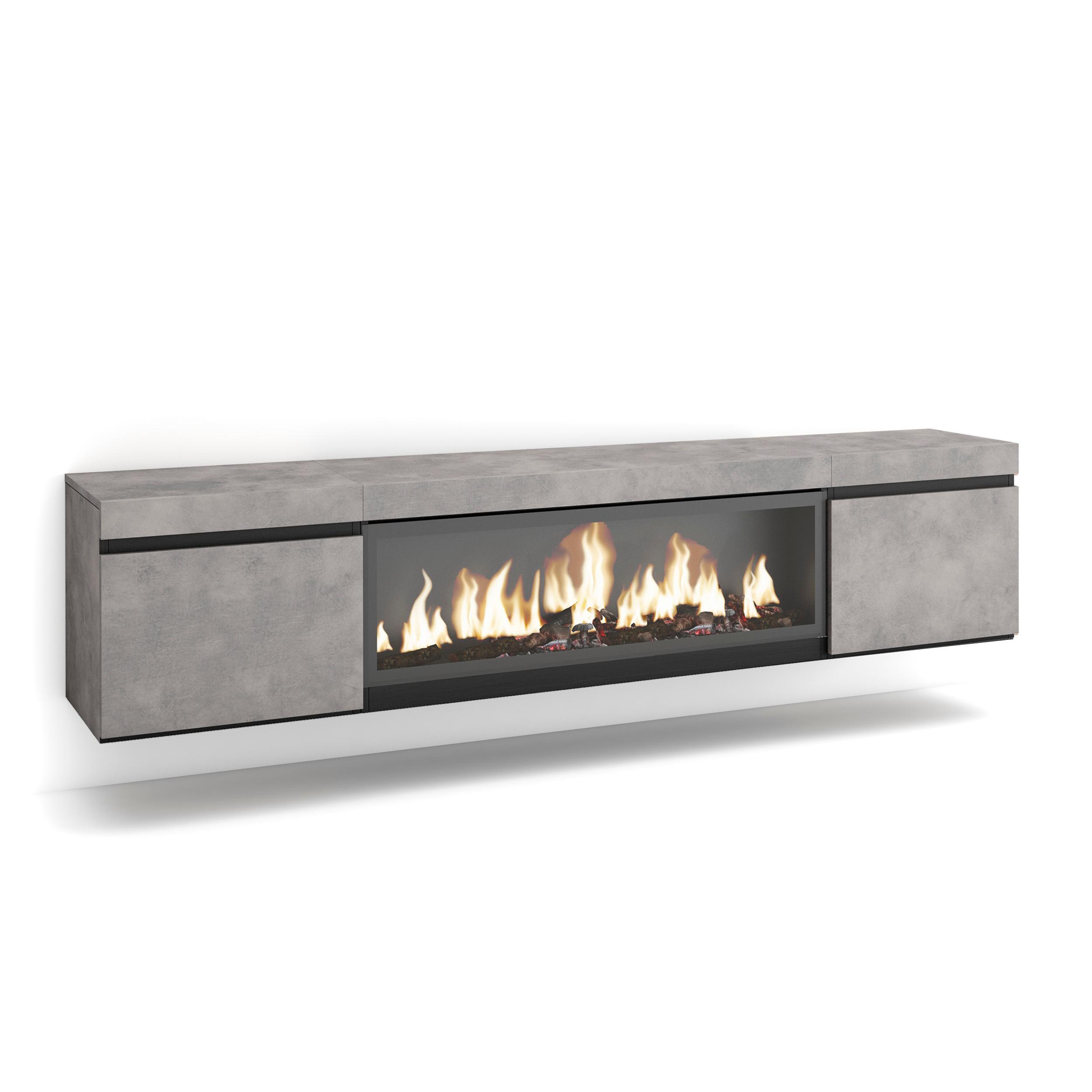 Skraut Home, Mueble TV de salón con dos puertas, 208x35x45cm, Fuego Led XXL efecto 3D, Diseño industrial, Estilo Moderno