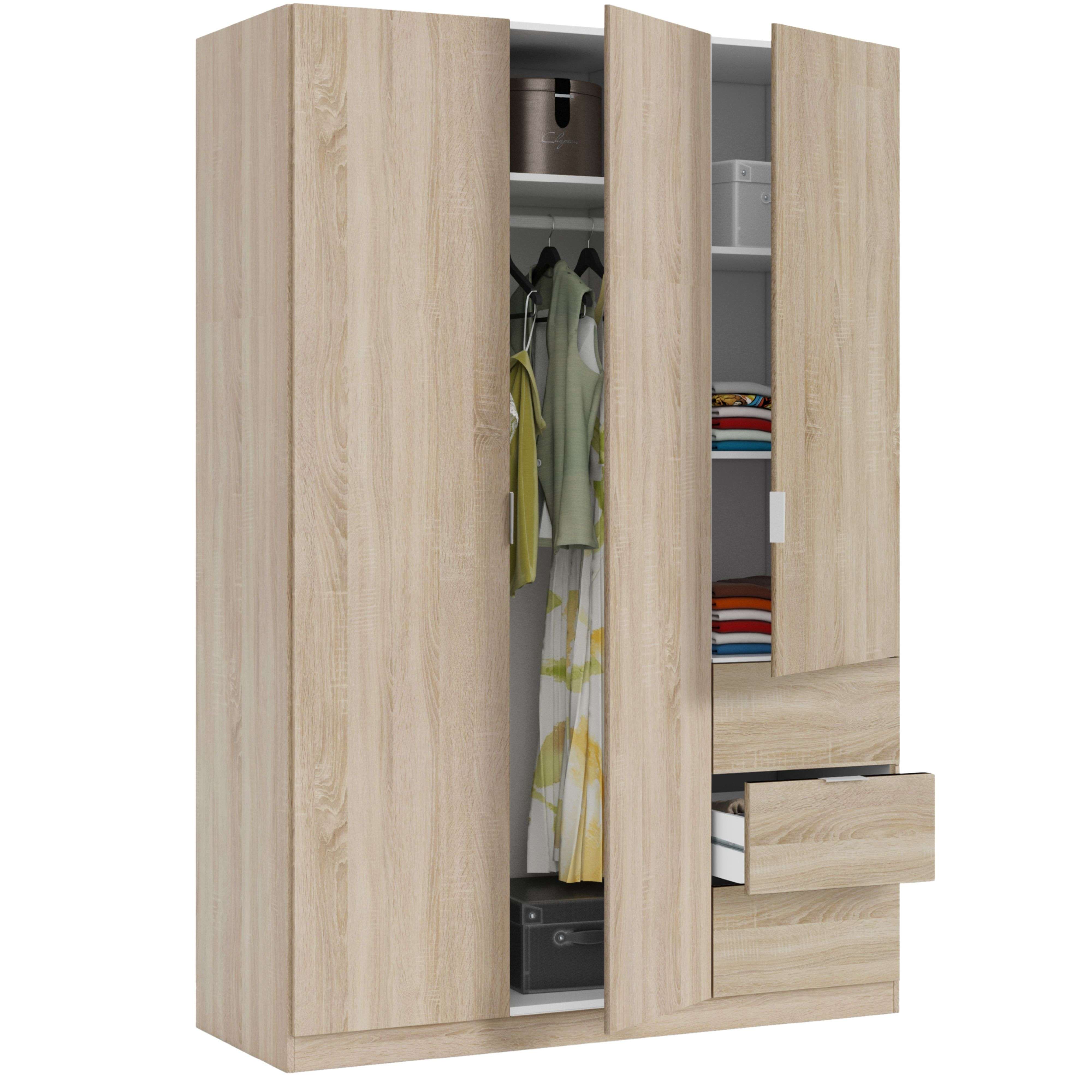 Armario Ropero Grande Dormitorio 3 Puertas y 3 Cajones en Color Roble Canadian 200x135x52 cm