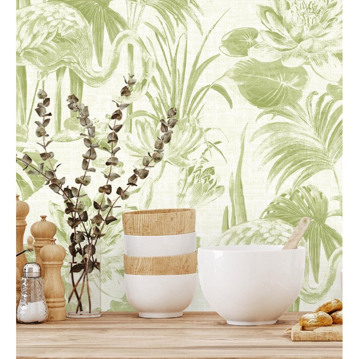 Papel pintado vinílico ecológico de flamencos flores y plantas - Flamingo Palace 680669 de GAULAN - Rollo de 10 m x 0,53 m