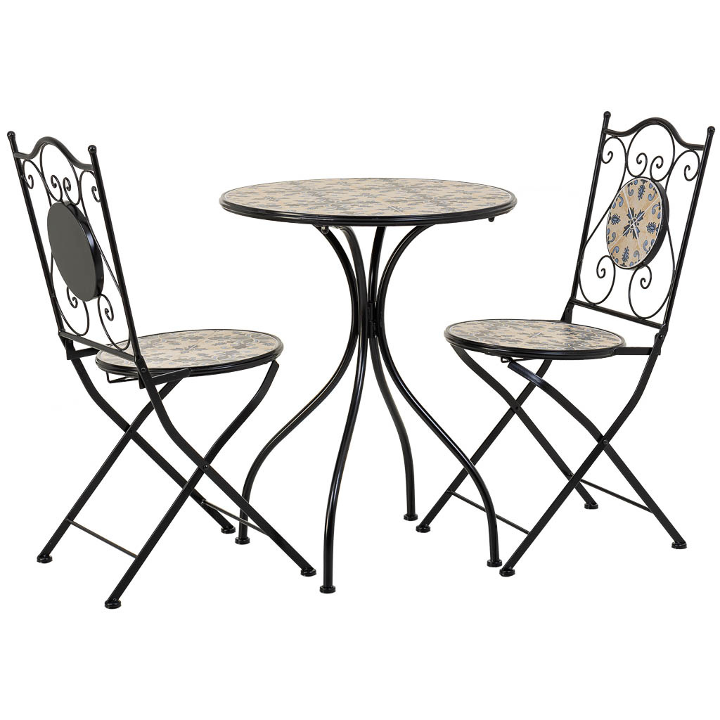 Wonderlust Deco - Conjunto mesa y dos sillas de mosaico y forja azul Azul mesa:D60x75h-silla(2):D38x45-92h cm