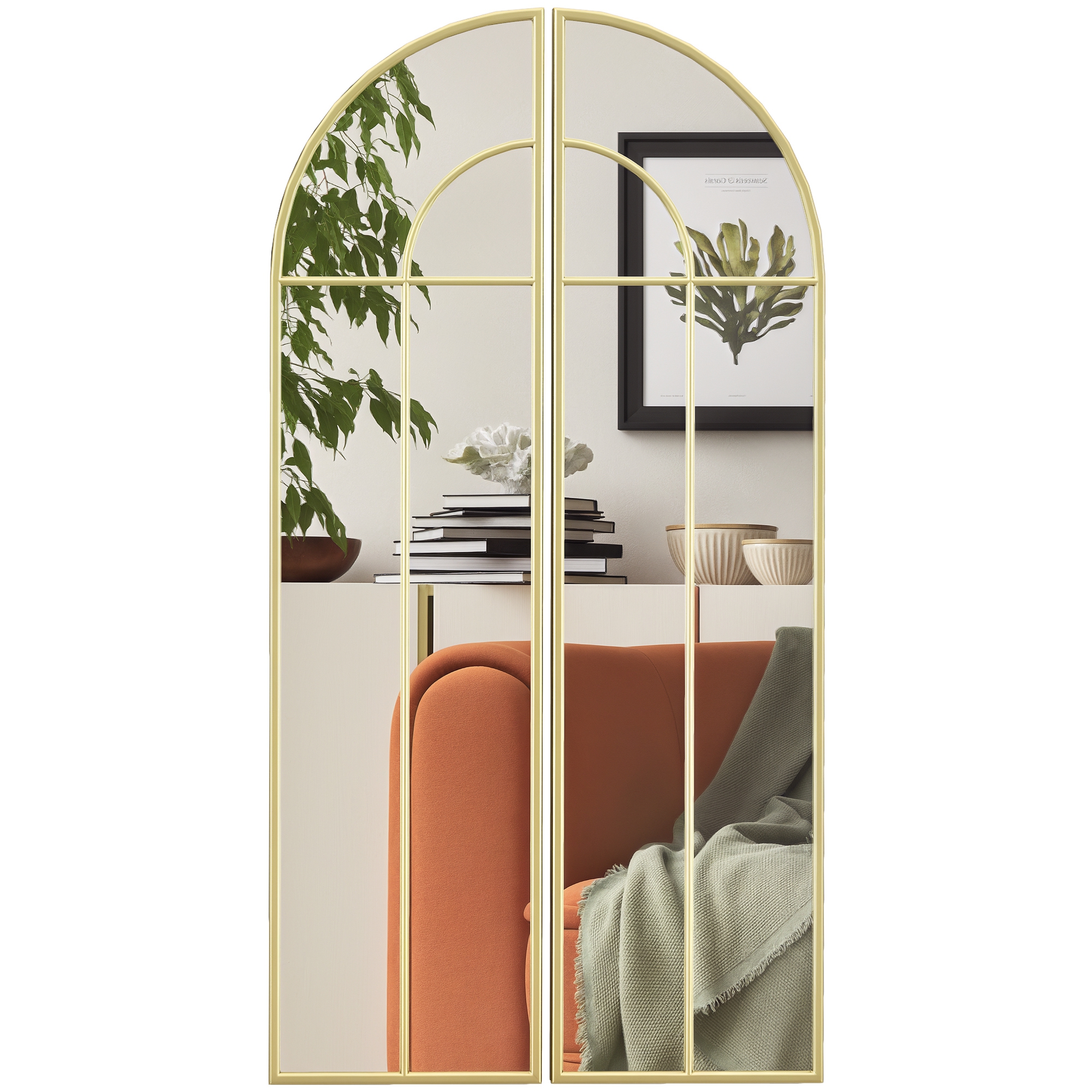 HOMCOM Espejo Decorativo de Pared de 2 Piezas 30x120 cm Espejo de Ventana con Diseño en Arco y Marco de Metal Espejo para Salón Dormitorio Entrada Dorado