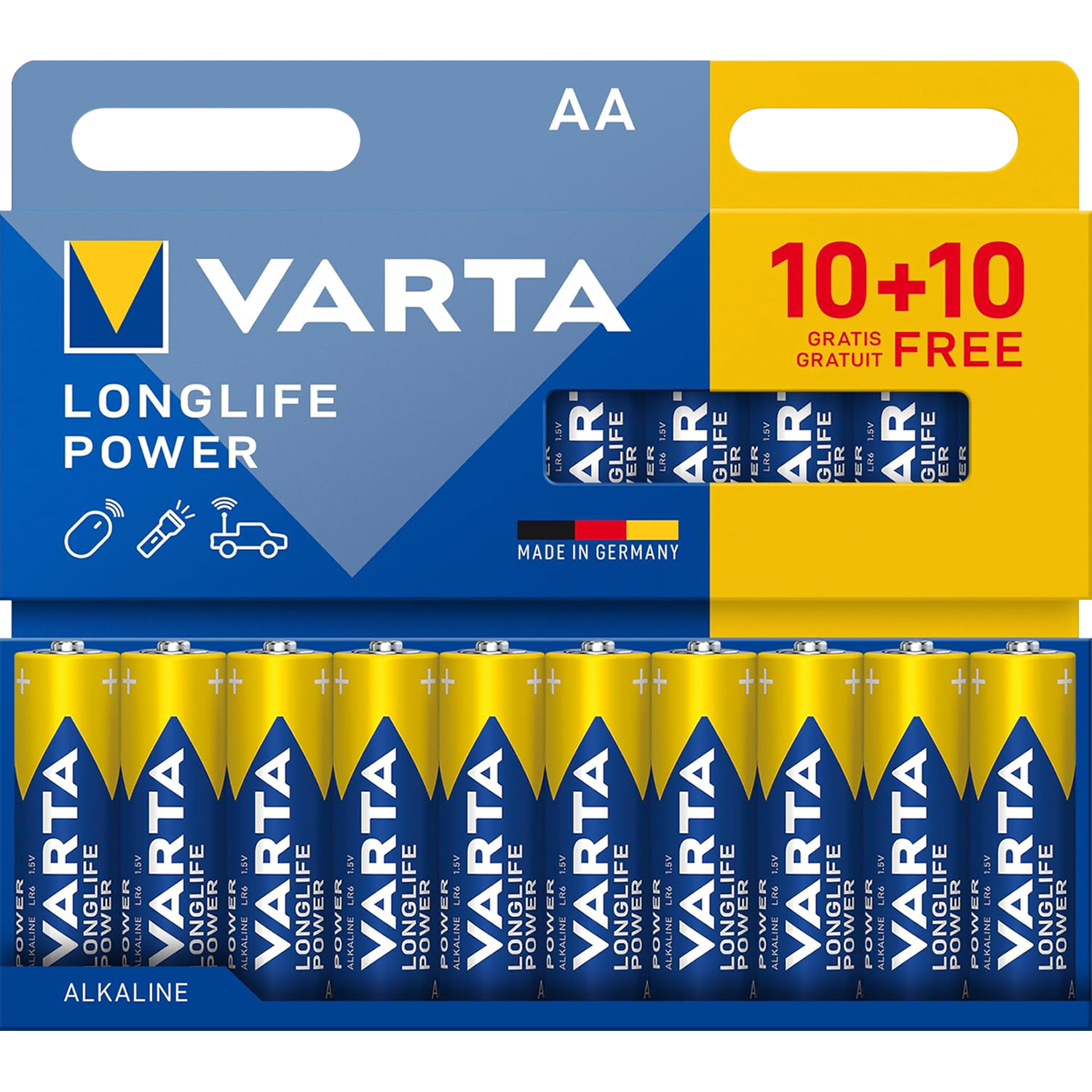 VARTA Pilas AA Alcalinas de Alto Rendimiento, VARTA Longlife Power, Ultra Larga Duración, Energía Continua, Ideal para Controles Remotos, Juguetes Electrónicos, Linternas, Lámparas, Relojes, Cámaras y Otros Dispositivos de Uso Diario