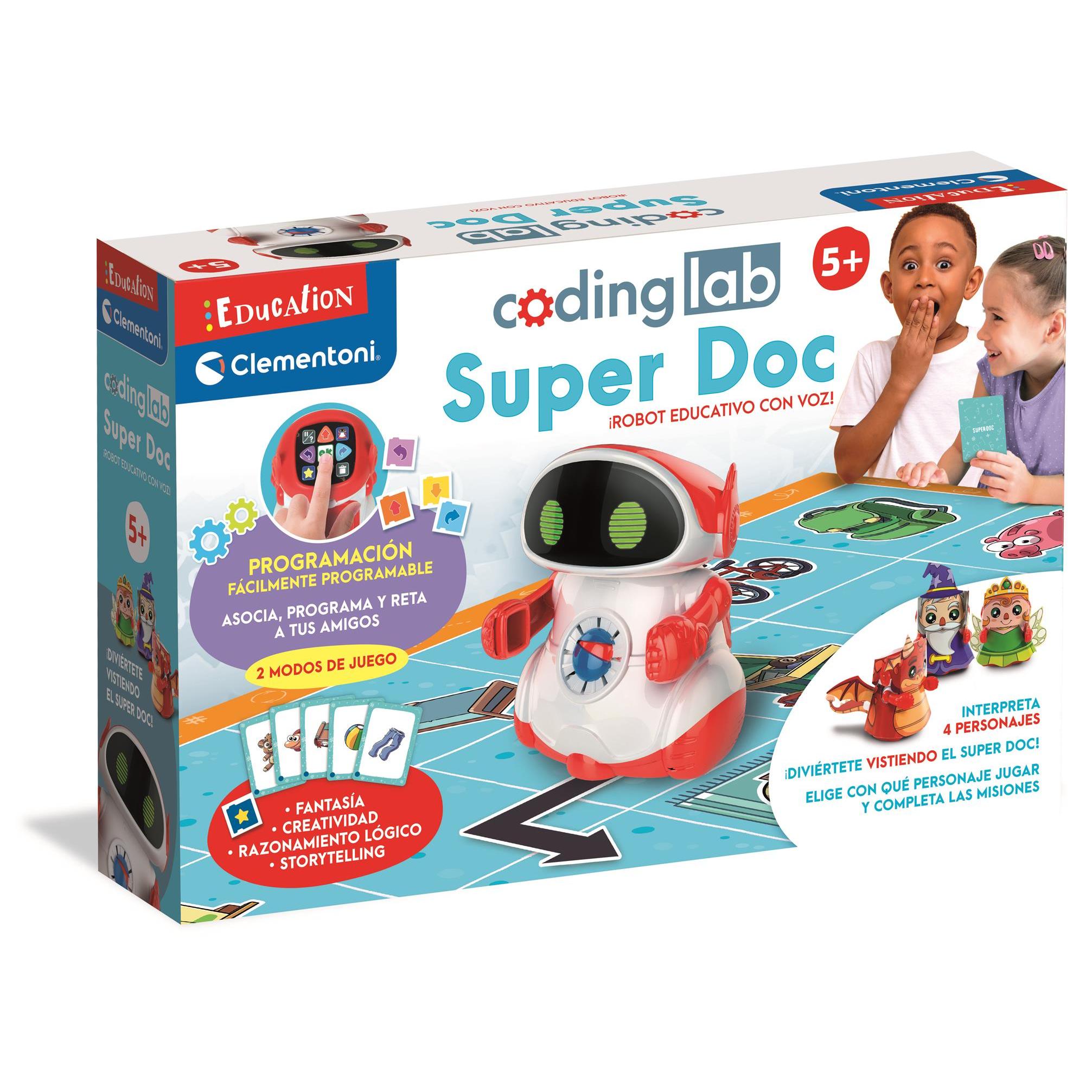 Clementoni - Super Doc - Robot Educativo y Programable para Niños +5 años, Juguete con 4 Personajes y Desafíos de Juego, Fomenta el Pensamiento Lógico, 55379