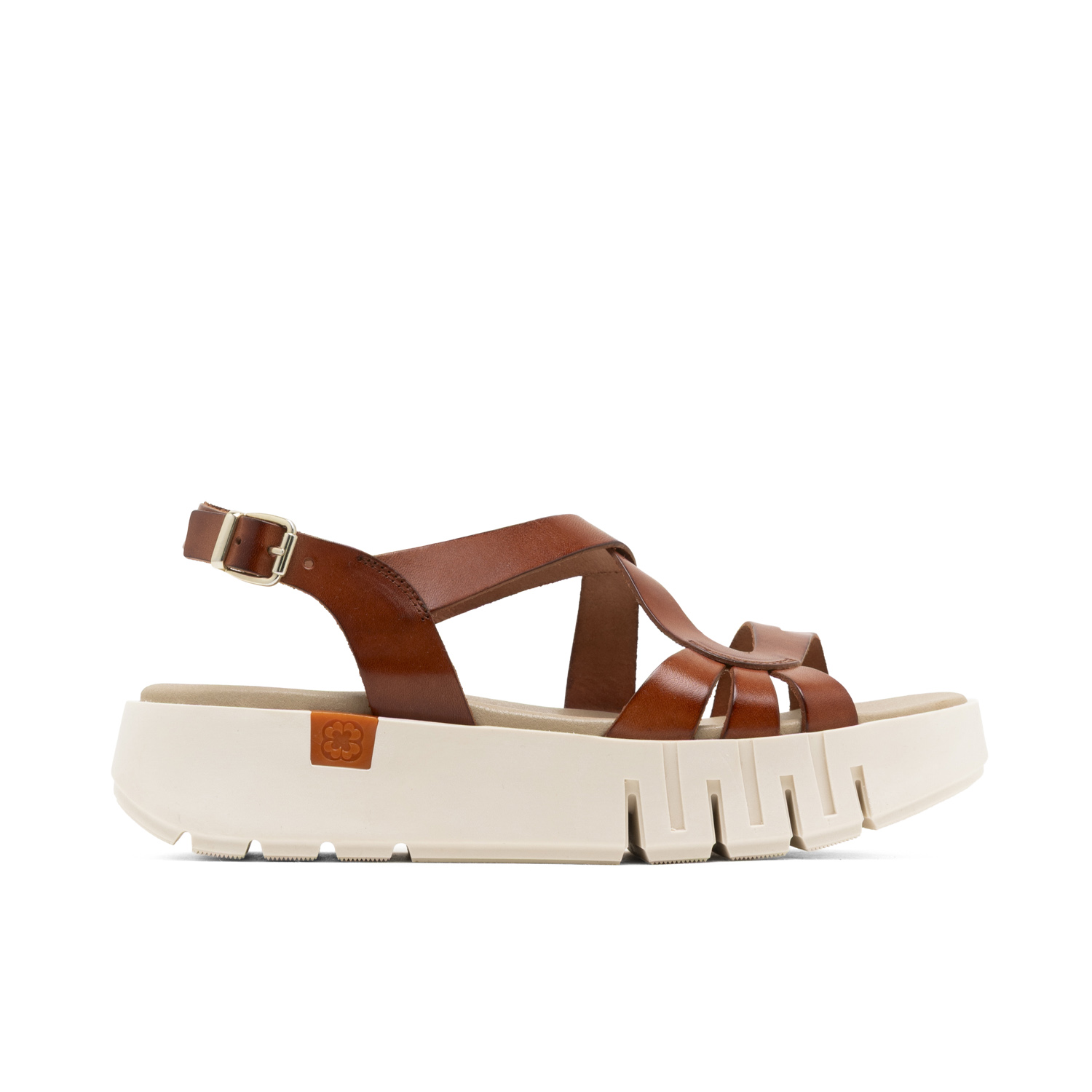 Sandalia de Cuña de Piel Débora Marrón para Mujer con Plataforma de 4.5 cm, Cómoda Plantilla Acolchada de Piel, Tiras con Grabados y Hebilla Ajustable, Suela Antideslizante para Mayor Estabilidad, Hec