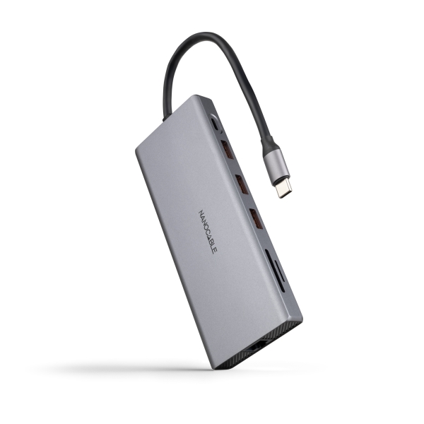 Nanocable hub usb-c 12 en 1 - conversor usb-c 3.1 a 3 x usb-a 3.2 + 3 x usb-c 3.2 + usb-c pd 100w + 2 x hdmi 4k@60hz + dp 4k@60hz + rj45 + tf + sd + audio jack 3.5 - aluminio - 18cm - color gris