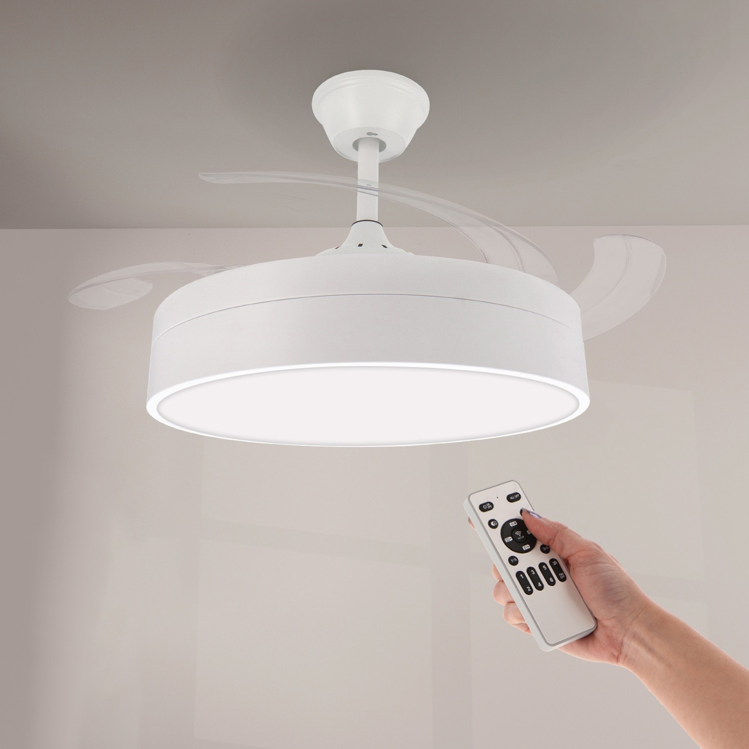 Iluminashop-Ventilador de Techo LED Messe Nature 72W con Luz CCT Regulable e Intensidad, Motor DC Ultrasilencioso, 6 Velocidades, 4 Aspas Retráctiles, Temporizador, Mando a Distancia