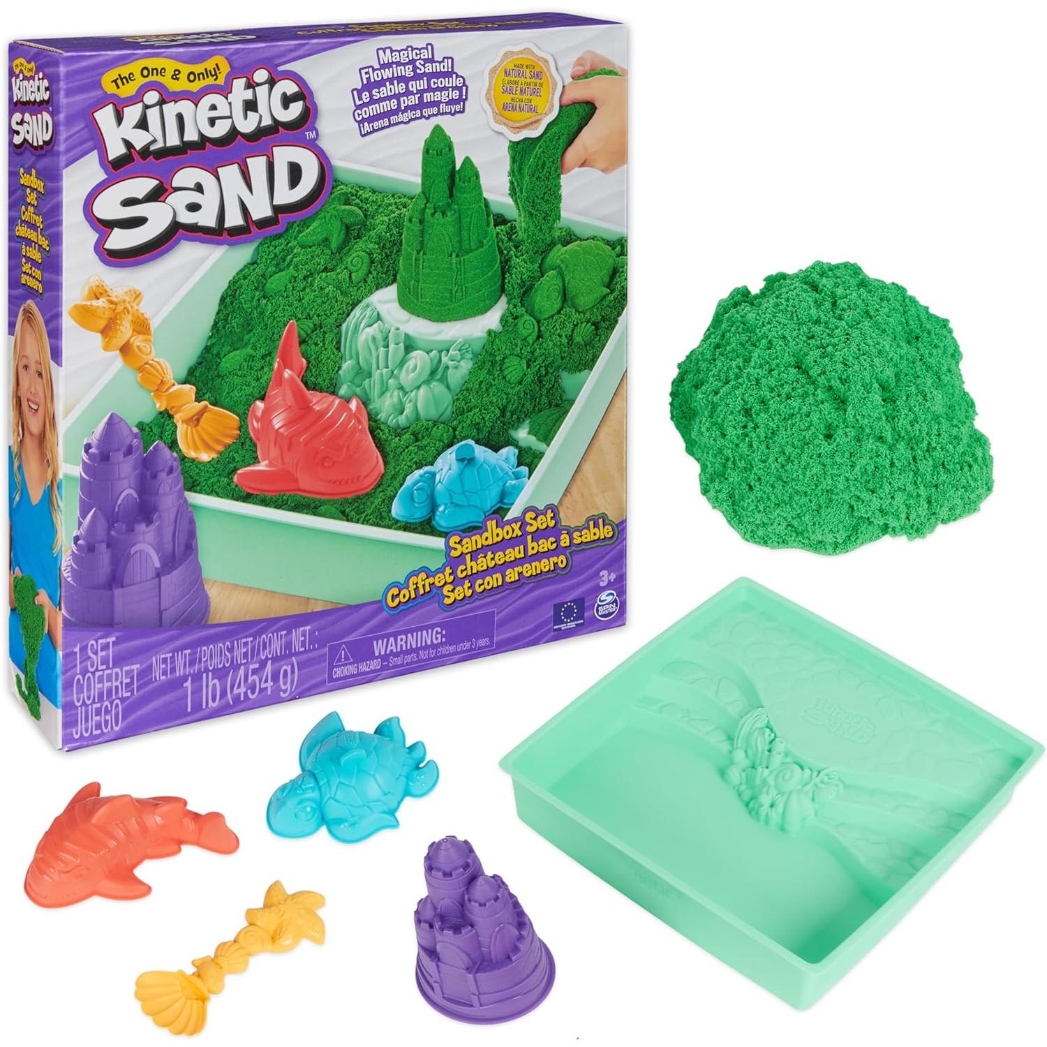 SPIN MASTER - Kinetic Sand - Set Sandbox con Arenero, 454 g de Arena Mágica Verde y 4 Accesorios - Kit Manualidades Niños - 6067479 - Juguetes Niños 3 Años +