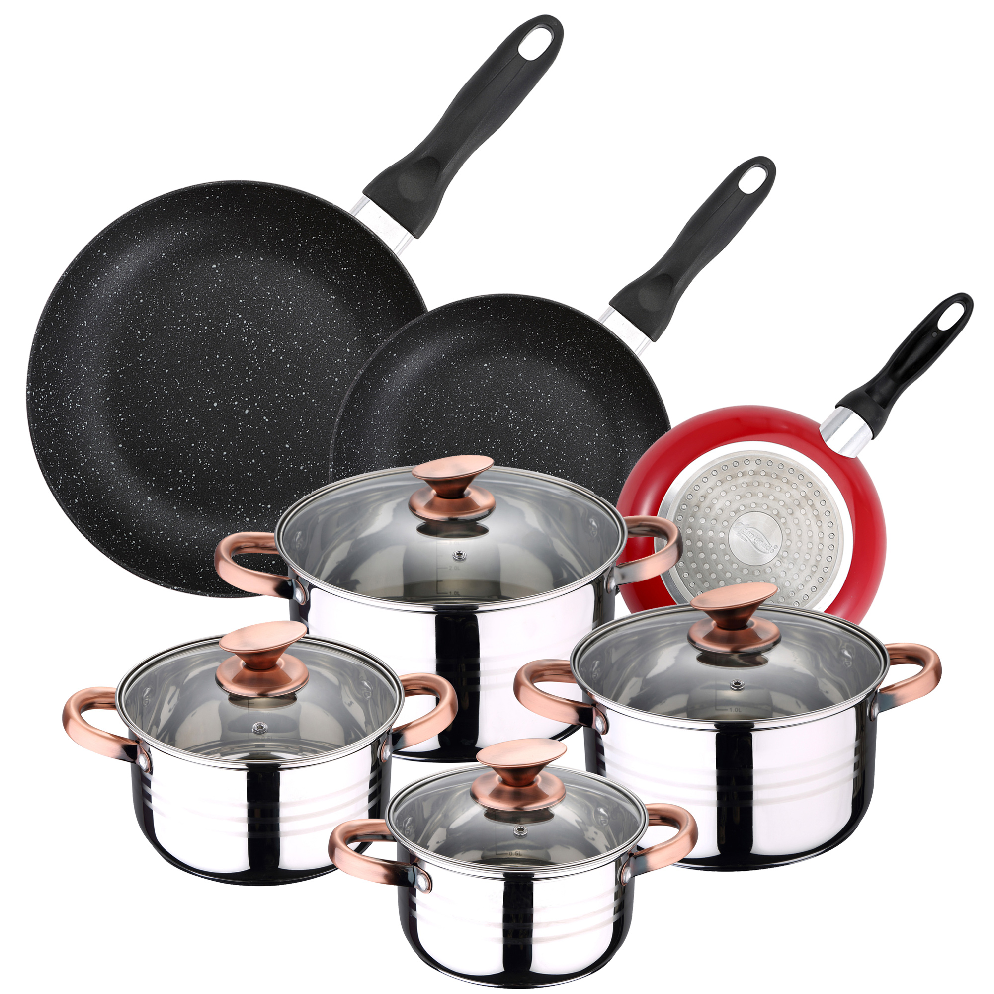 pack de 3 sartenes SAN IGNACIO  ø16cm ø20cm ø24cm + batería de cocina de 8pc en acero inoxidable