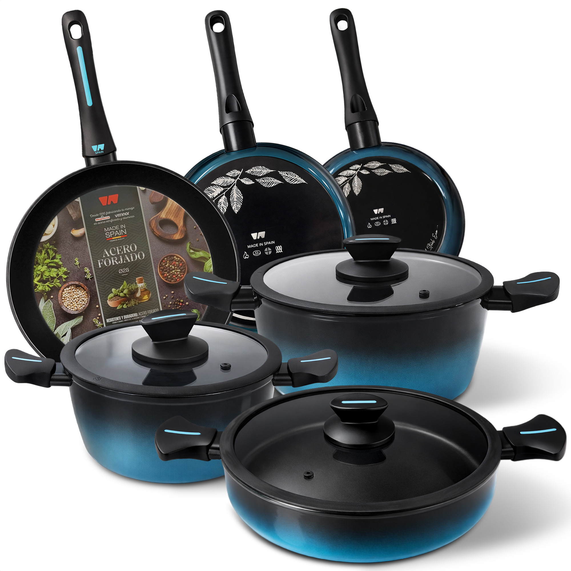 Briebe Mare Batería Cocina Inducción Acero Forjado 9 Piezas Antiadherente sin PFOA, Fabricada en España, , Azul