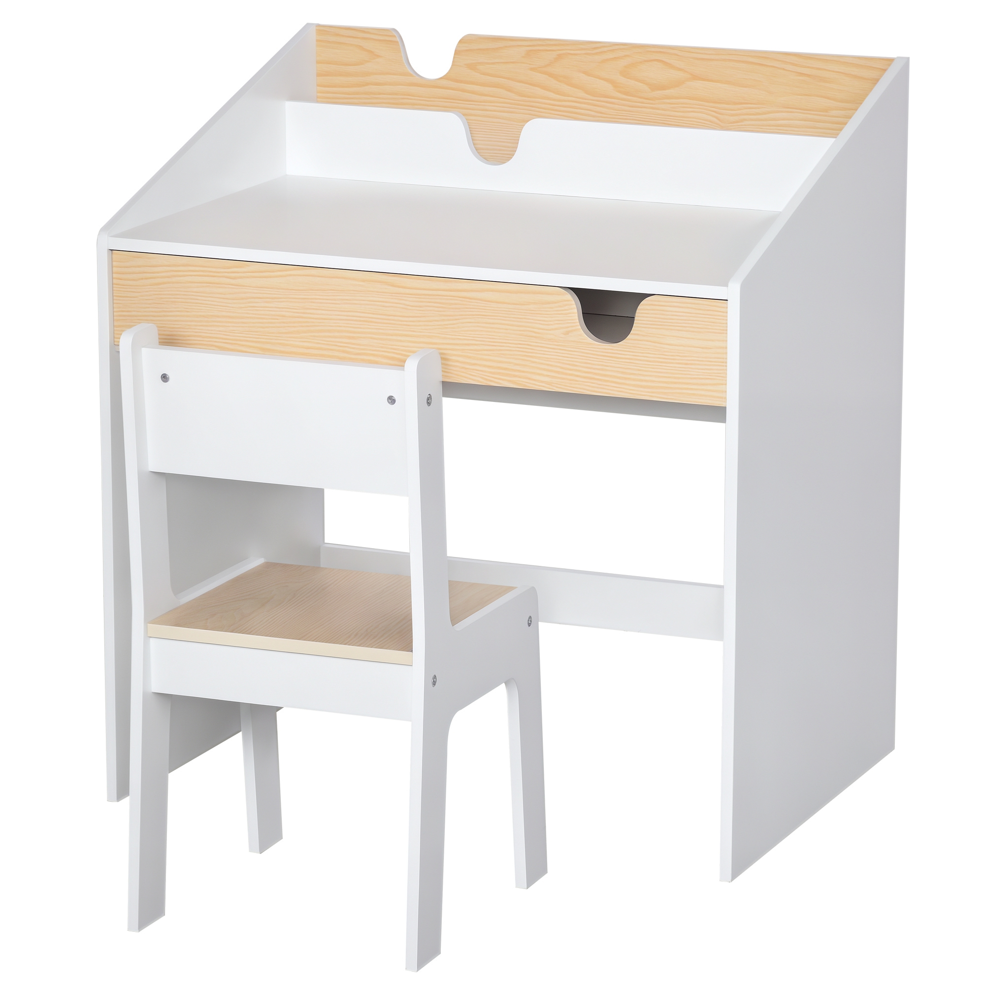 HOMCOM Escritorio para Niños con Silla de 3 a 6 Años Pupitre Infantil 2 en 1 Conjunto de Escritorio 2 Piezas con Cajón y Eatantes de Libros 70x50x75 cm Blanco y Natural