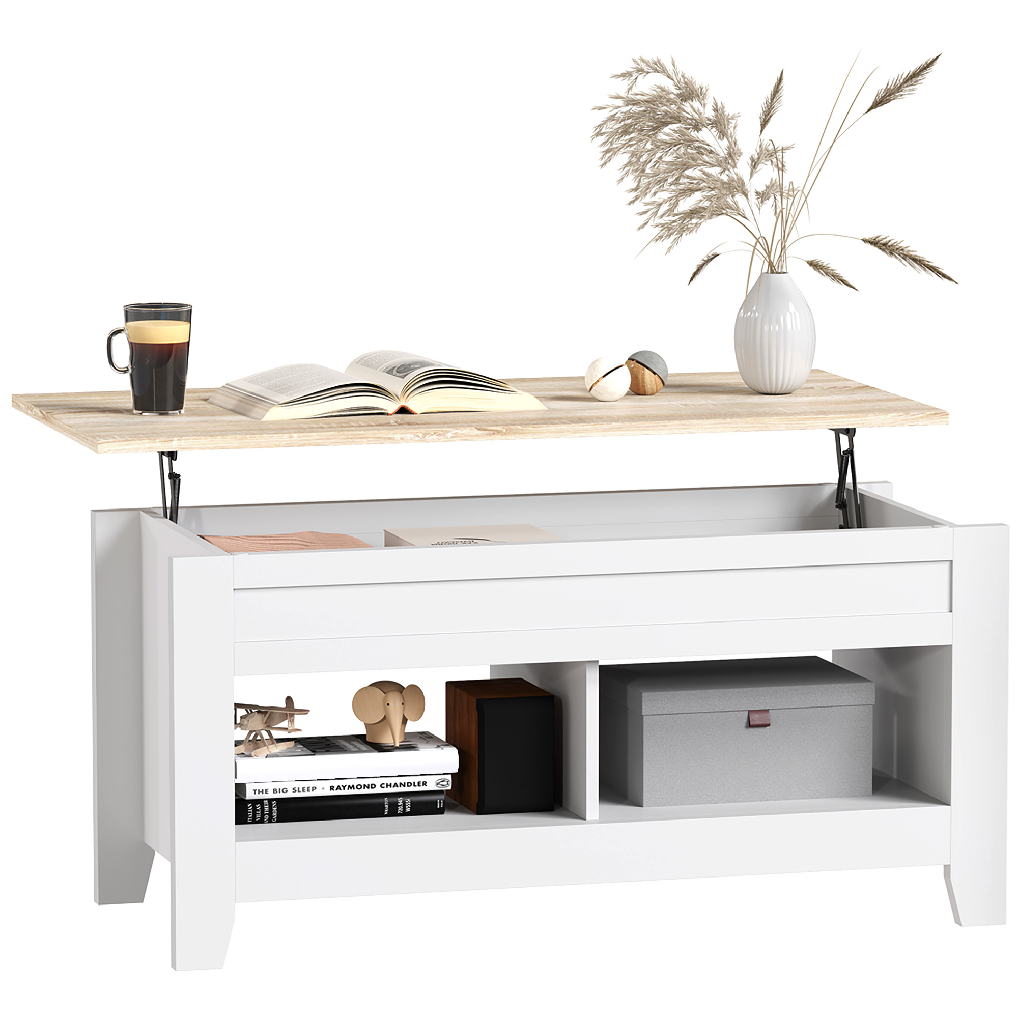 HOMCOM Mesa de Centro Elevable Mesa de Café con Encimera Elevable 2 Compartimentos Abiertos y Espacio Oculto de Almacenaje 105x50x49 cm Blanco y Efecto Mármol