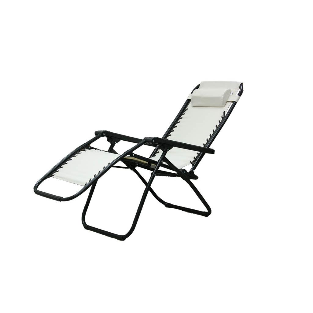 Tumbona de tela beige con almohada en la cabeza para colocar en jardines y terrazas y tomar el sol en verano.