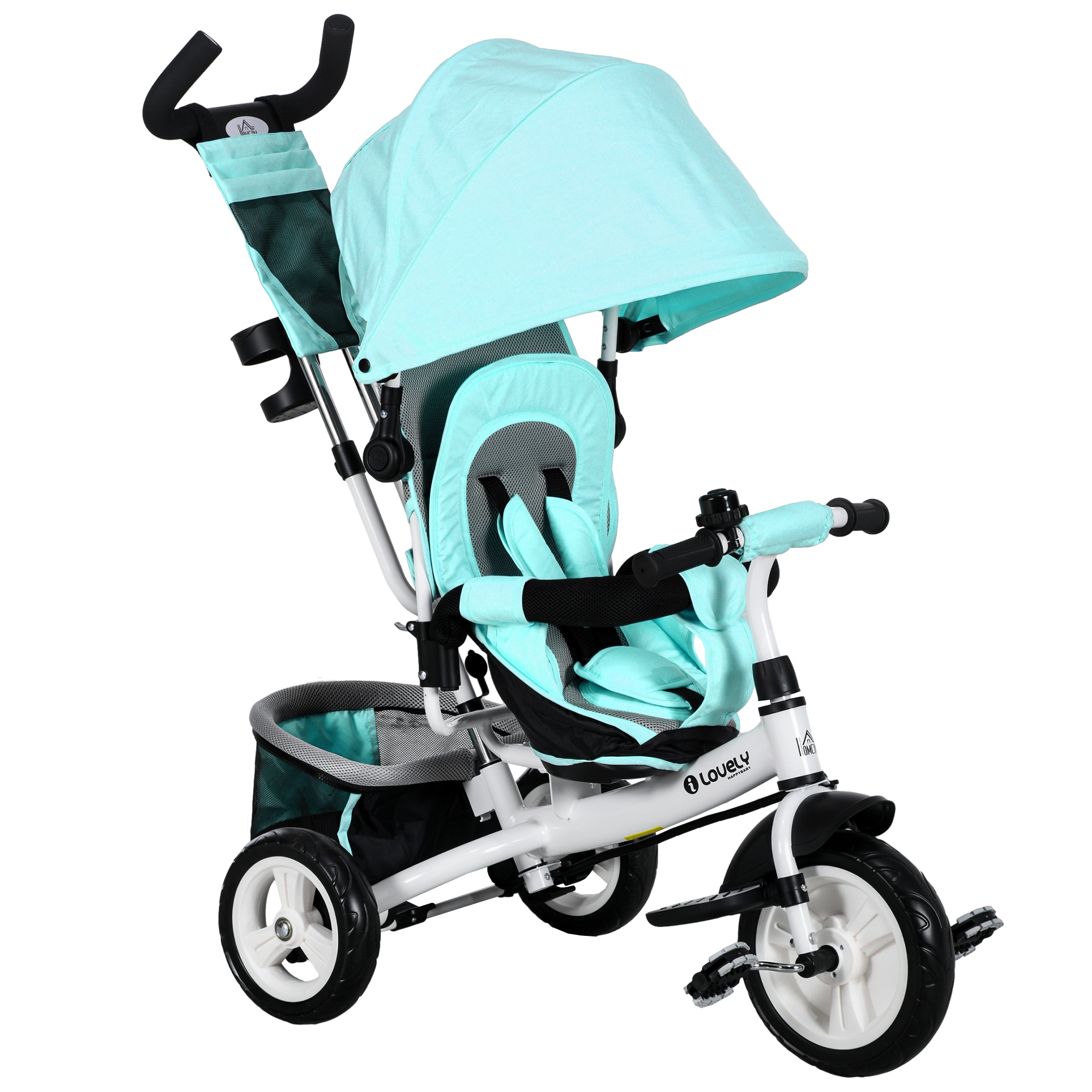 HOMCOM Triciclo para Bebés Triciclo Evolutivo para Niños con Toldo Plegable Mango de Empuje Telescópico y Desmontable Bolso para Mamá y Portabotellas 102x49x102 cm Verde Mint