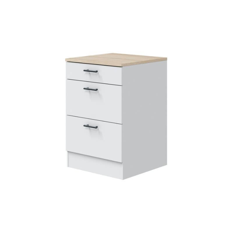 MOBELCENTER - Mueble Bajo de Cocina con 3 Cajones de Estilo Moderno, Acabado Color Blanco Brillo y Roble Canadian, Medidas: 60cm x 60cm x 90cm(1536)