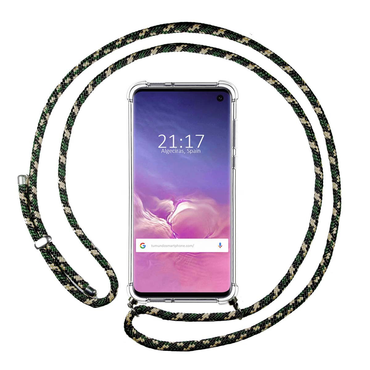 Tumundosmartphone Funda Colgante Transparente para Samsung Galaxy S10 con Cordon Verde / Dorado