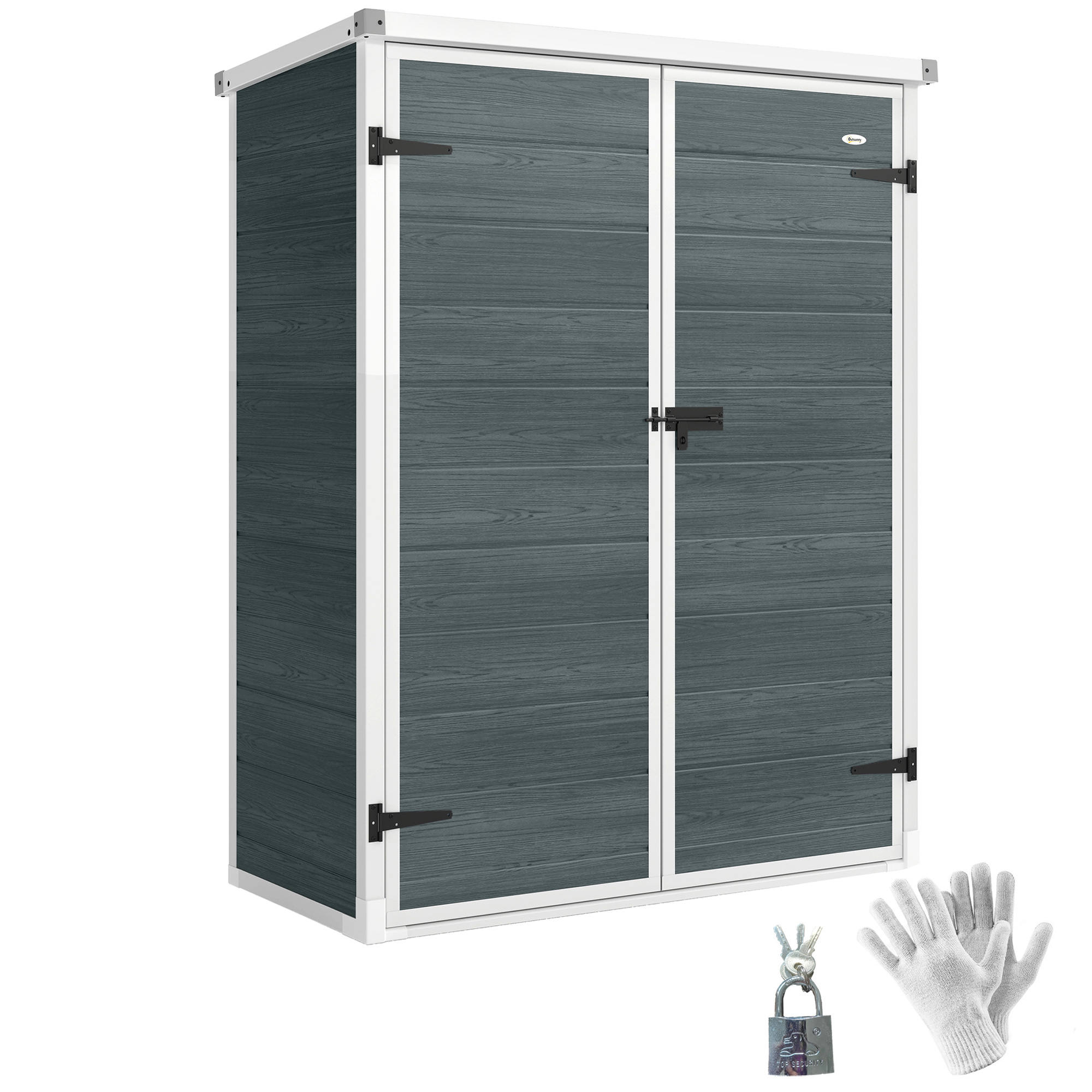 Outsunny Caseta de Jardín Exterior, 0,81 m², 134x68,5x170 cm, Cobertizo de Jardín Exterior de Plástico con Suelo, 2 Estantes Plegables, Puertas Dobles con Pestillo para Almacenaje Herramientas, Gris