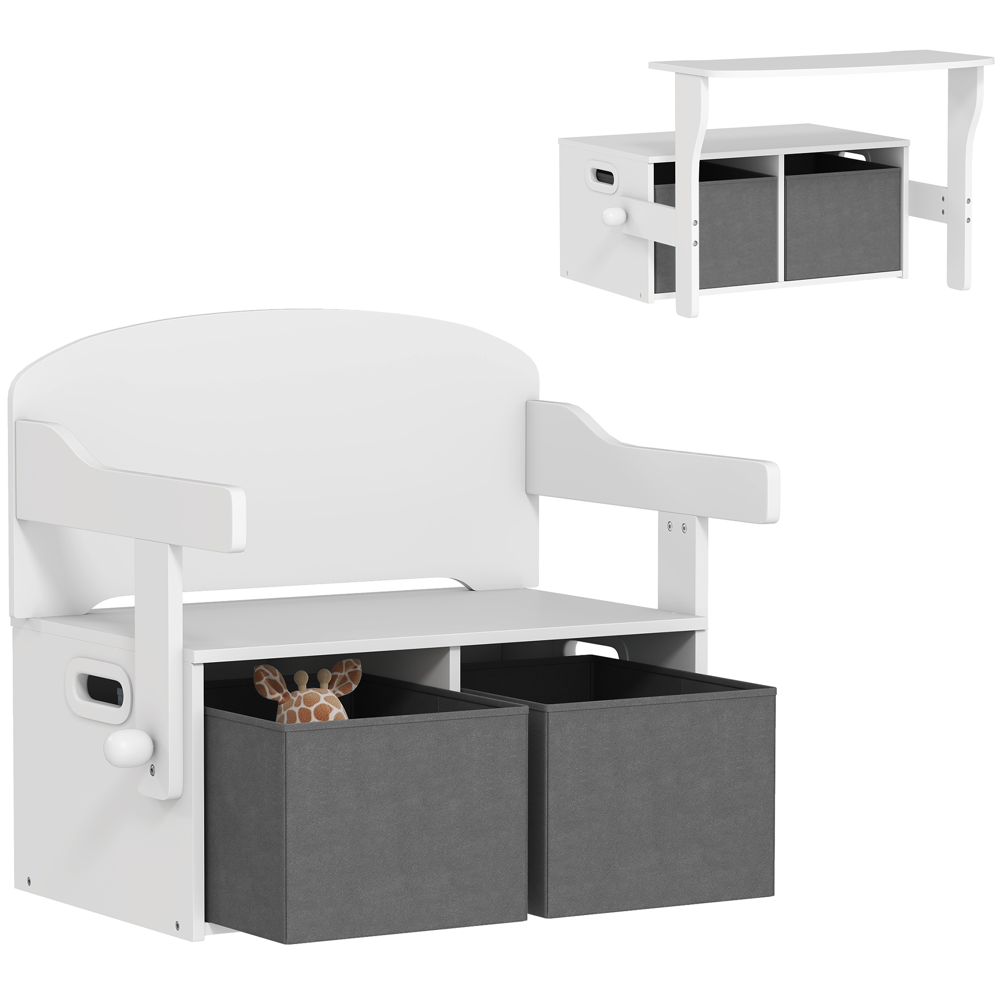 AIYAPLAY Banco Infantil Convertible 3 en 1, Juego de Mesa y Silla, Baúl de Juguetes con Cubos de Tela Extraíbles, Banco de Almacenaje, Mueble Multifuncional para Niños 3-6 Años, Blanco