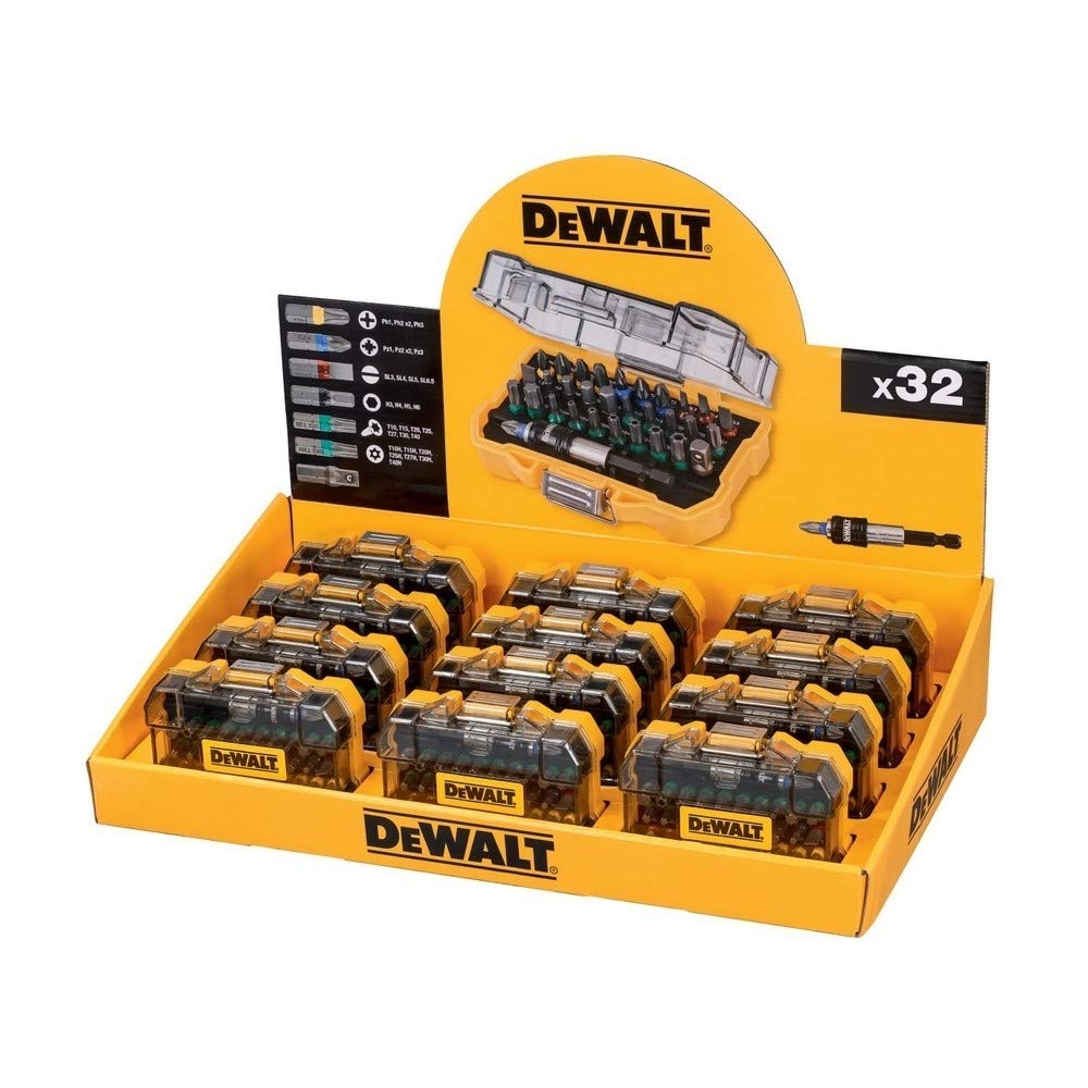 DeWalt - Merchandiser con 12 Juego DT7969M-QZ: 32 Puntas, Pz, Ph, Pl, Torx, Torx Inviolables Hexagonal y Adaptador, Multicolor
