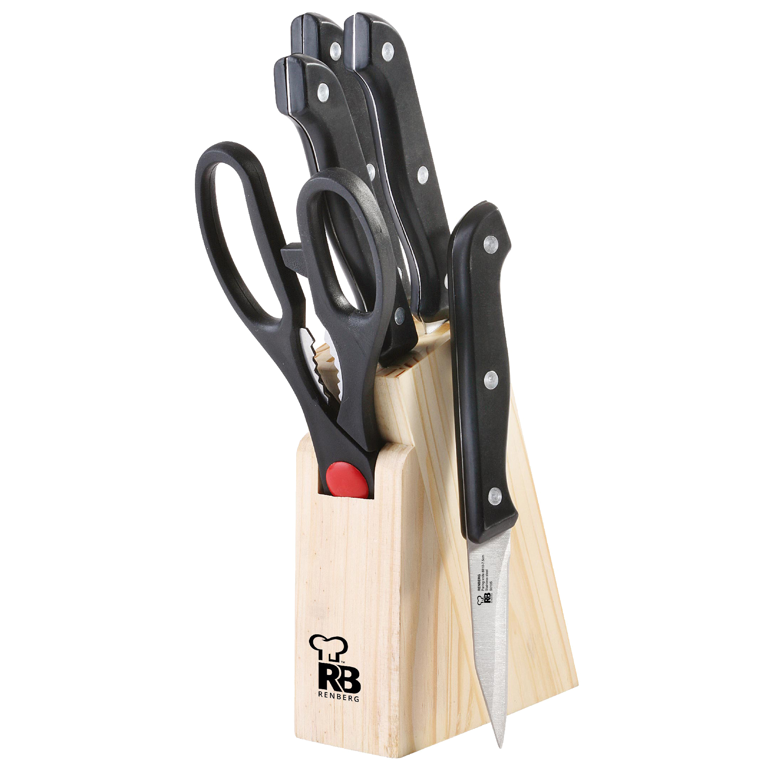 Renberg SET 6PCS Cuchillos y Tijeras de Cocina con Tacoma de Madera - Acero Inoxidable - Colección Bonn
