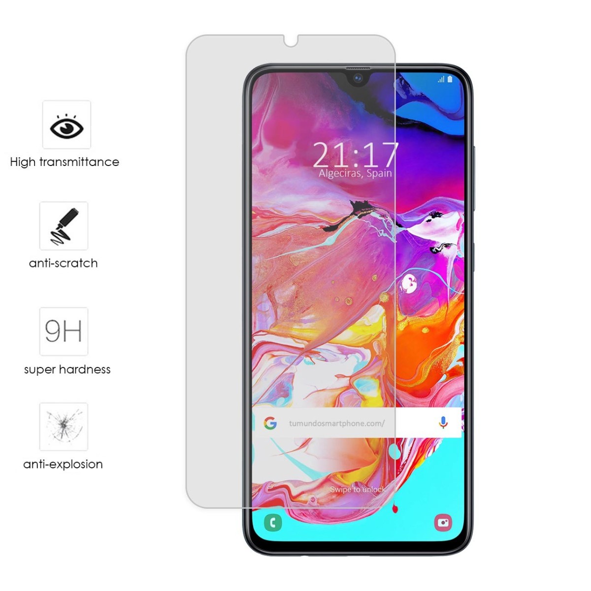 Tumundosmartphone Protector Cristal Templado para Samsung Galaxy A70 Vidrio