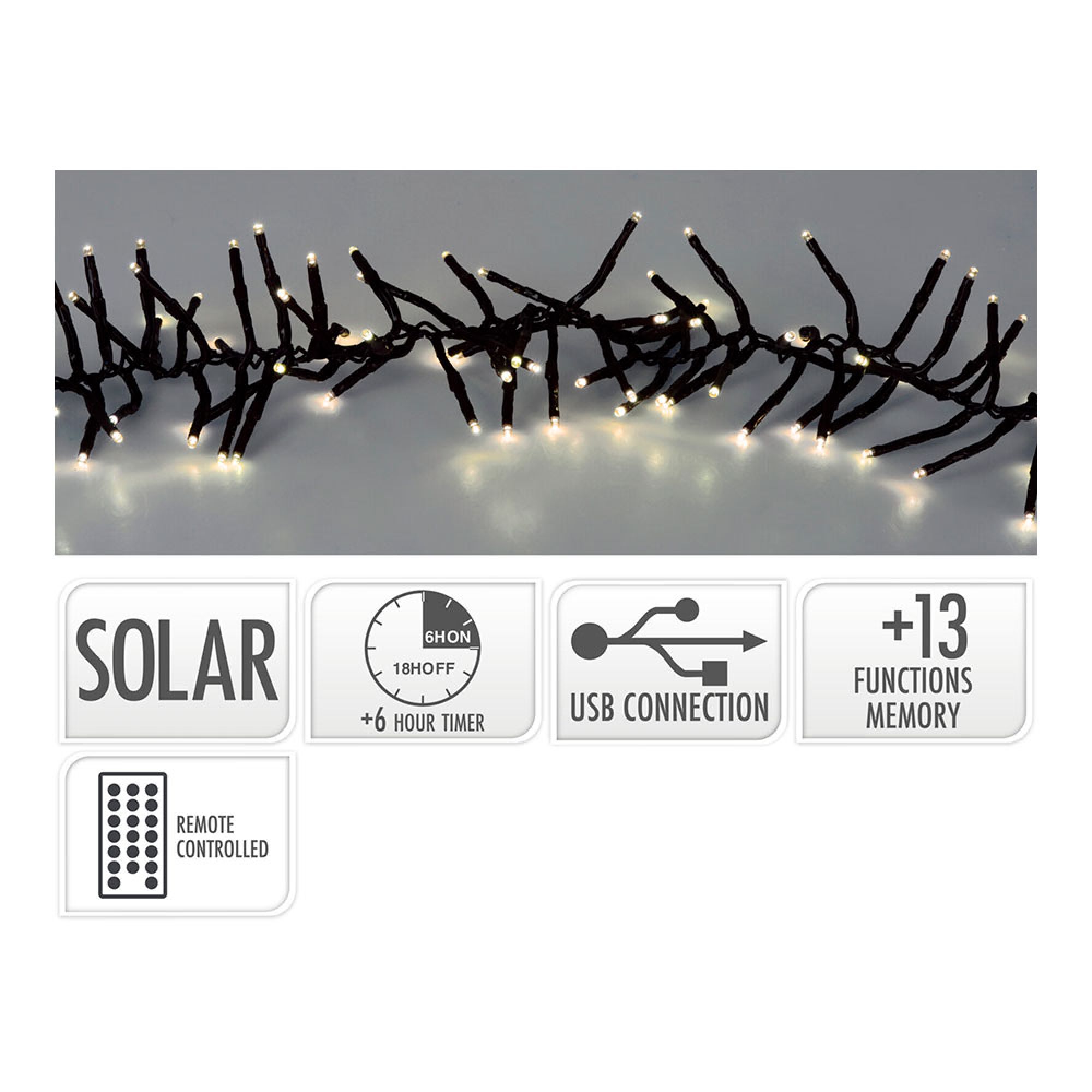 BASICS - Guirnalda solar recargable con 768 LEDS, luz cálida, 5,6 m de longitud y 13 efectos intermitentes para exterior IP44